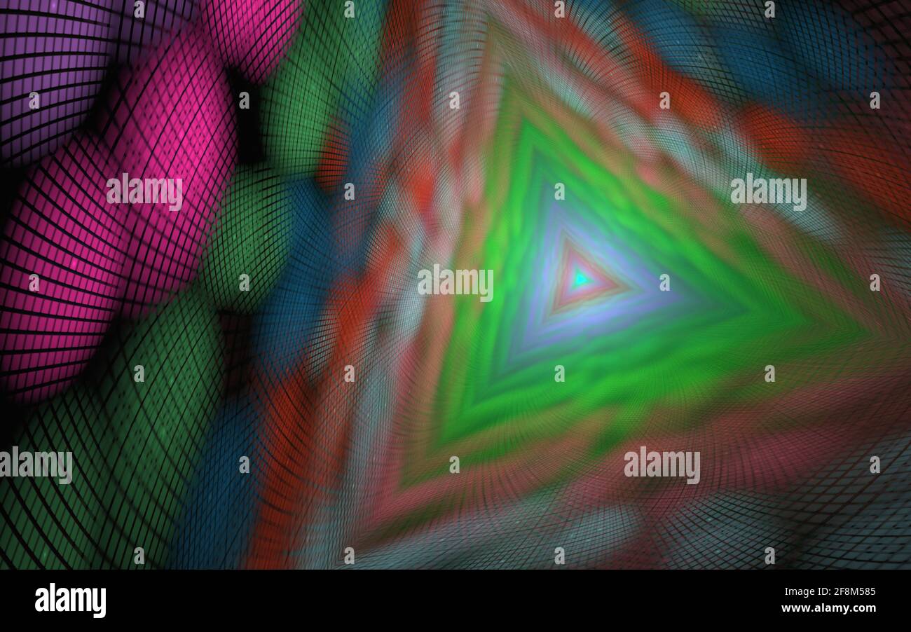 Trihedraler Tunnel, geometrischer abstrakter Hintergrund von Elementen mit spektraler Strahlkraft, langer Tunnel. Abstrakt Cyber bunte Hintergrund. Geometrische Unendlichkeit Stockfoto
