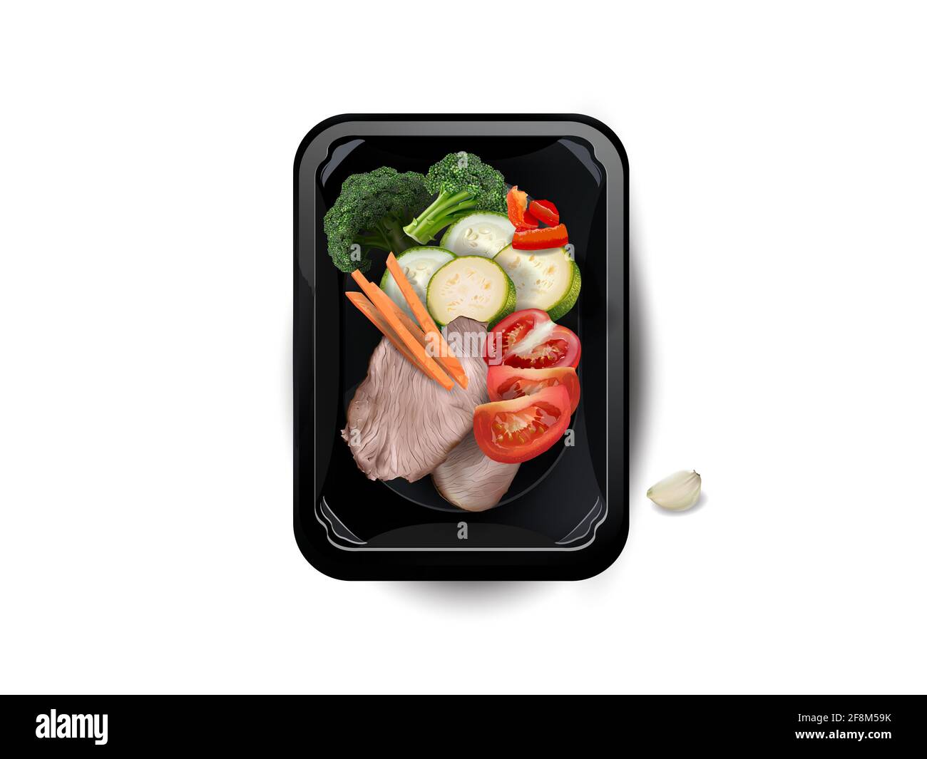 Gekochtes Fleisch mit Zucchini, Brokkoli und Tomaten in einer Lunchbox. Stockfoto