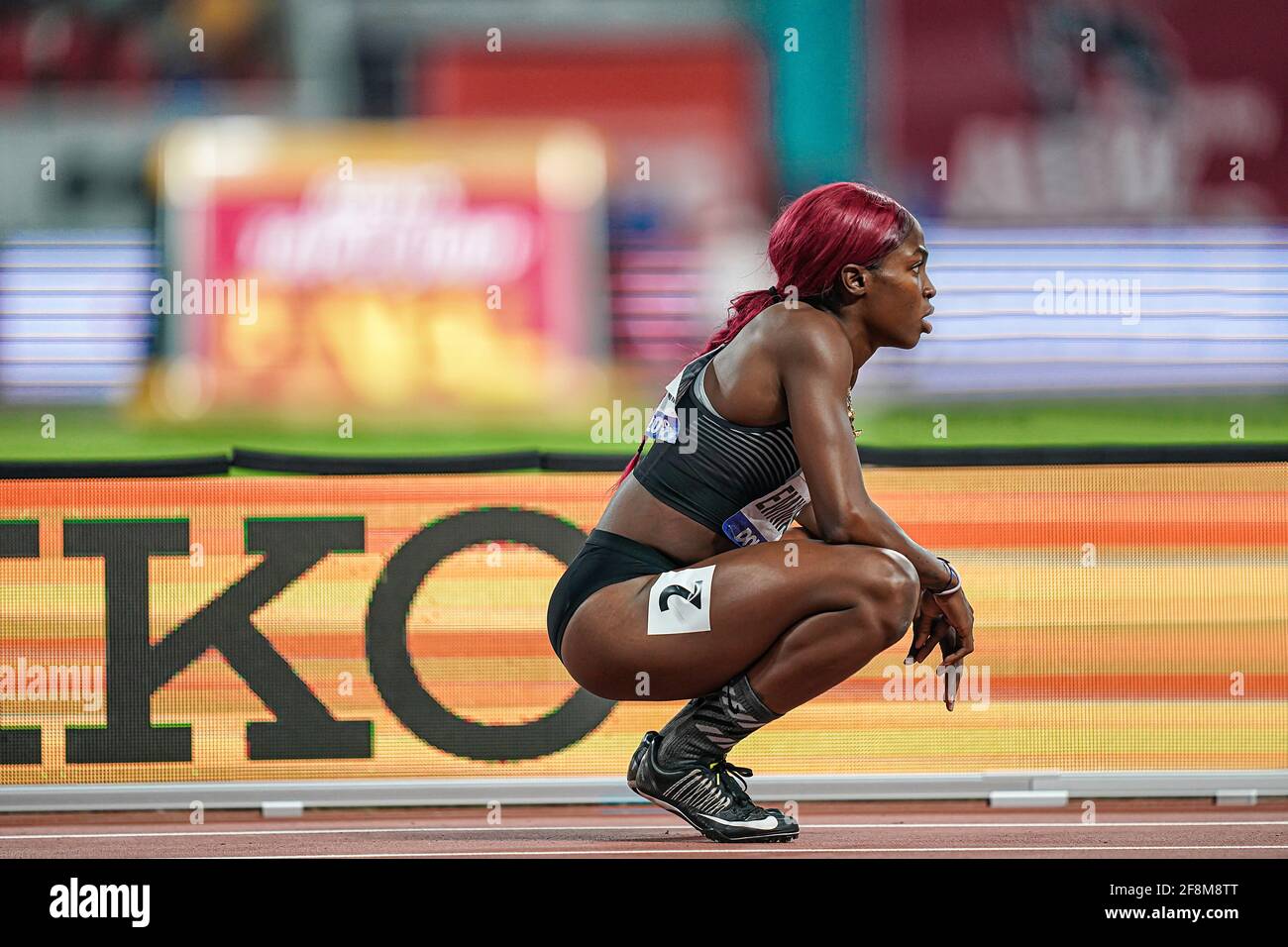 Doha.Crystal Emmanuel vor Ort konzentrierte sich vor ihrem Rennen bei den Weltmeisterschaften 2019 in Doha. Stockfoto