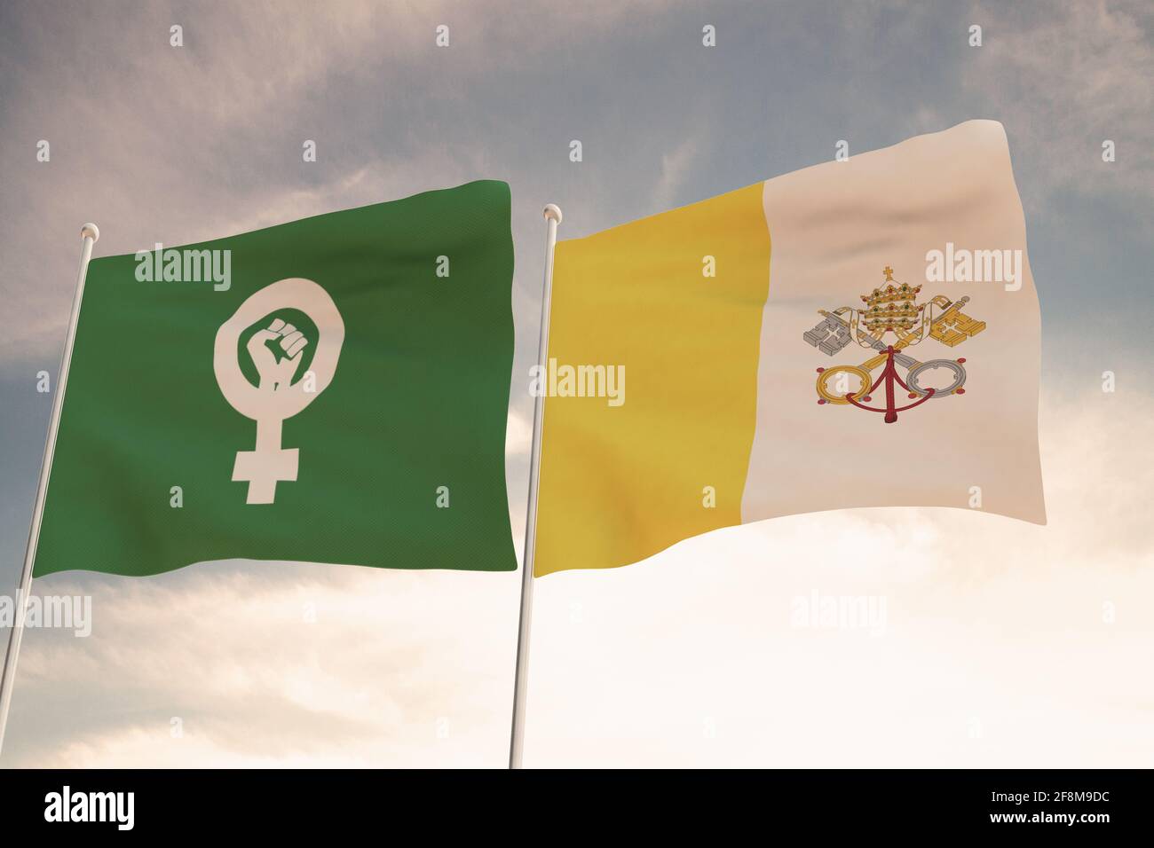 Flaggen von Feministinnen, die sich für Abtreibung eingesetzt haben, und des vatikans winken hinter dem wolkenlosen Himmel. Stockfoto