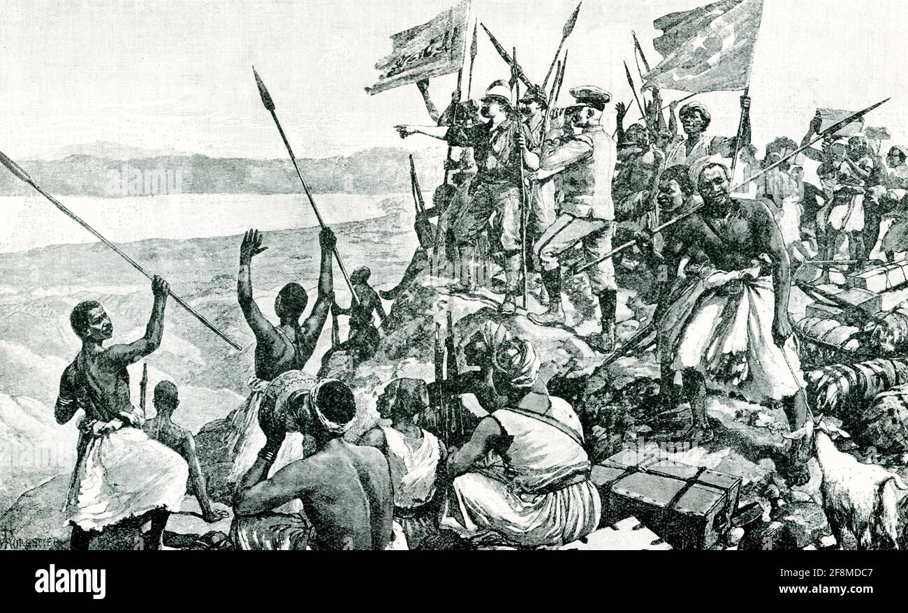 Erster Anblick von Albert Nyanza. Der Viktoriasee ist einer der Großen Afrikanischen Seen. Der Viktoriasee (in Bantu, Victoria Nyanza) ist der größte See Afrikas und der zweitgrößte Süßwassersee der Welt, der nur vom Lake Superior in Nordamerika übertroffen wird. Der See wird vom Äquator überquert und ist die Hauptquelle des Nils. Der erste Europäer, der den See erreichte, war der britische Entdecker John Hanning Speke im Jahr 1858, der ihn nach der britischen Königin Victoria benannte. Speke erreichte dies im Jahr 1858, als er auf einer Expedition mit Richard Francis Burton die Quelle des Ni lokalisieren konnte Stockfoto Erster Anblick von Albert Nyanza. Der Viktoriasee ist einer der Großen Afrikanischen Seen. Der Viktoriasee (in Bantu, Victoria Nyanza) ist der größte See Afrikas und der zweitgrößte Süßwassersee der Welt, der nur vom Lake Superior in Nordamerika übertroffen wird. Der See wird vom Äquator überquert und ist die Hauptquelle des Nils. Der erste Europäer, der den See erreichte, war der britische Entdecker John Hanning Speke im Jahr 1858, der ihn nach der britischen Königin Victoria benannte. Speke erreichte dies im Jahr 1858, als er auf einer Expedition mit Richard Francis Burton die Quelle des Ni lokalisieren konnte Stockfoto
