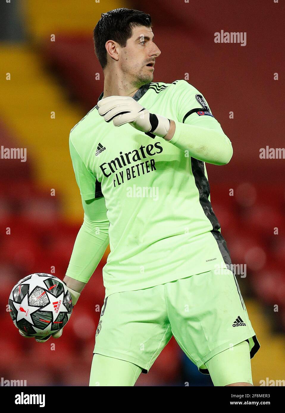 Liverpool, England, 14. April 2021. Thibaut Courtois von Real Madrid während des UEFA Champions League-Spiels in Anfield, Liverpool. Bildnachweis sollte lauten: Darren Staples / Sportimage Stockfoto