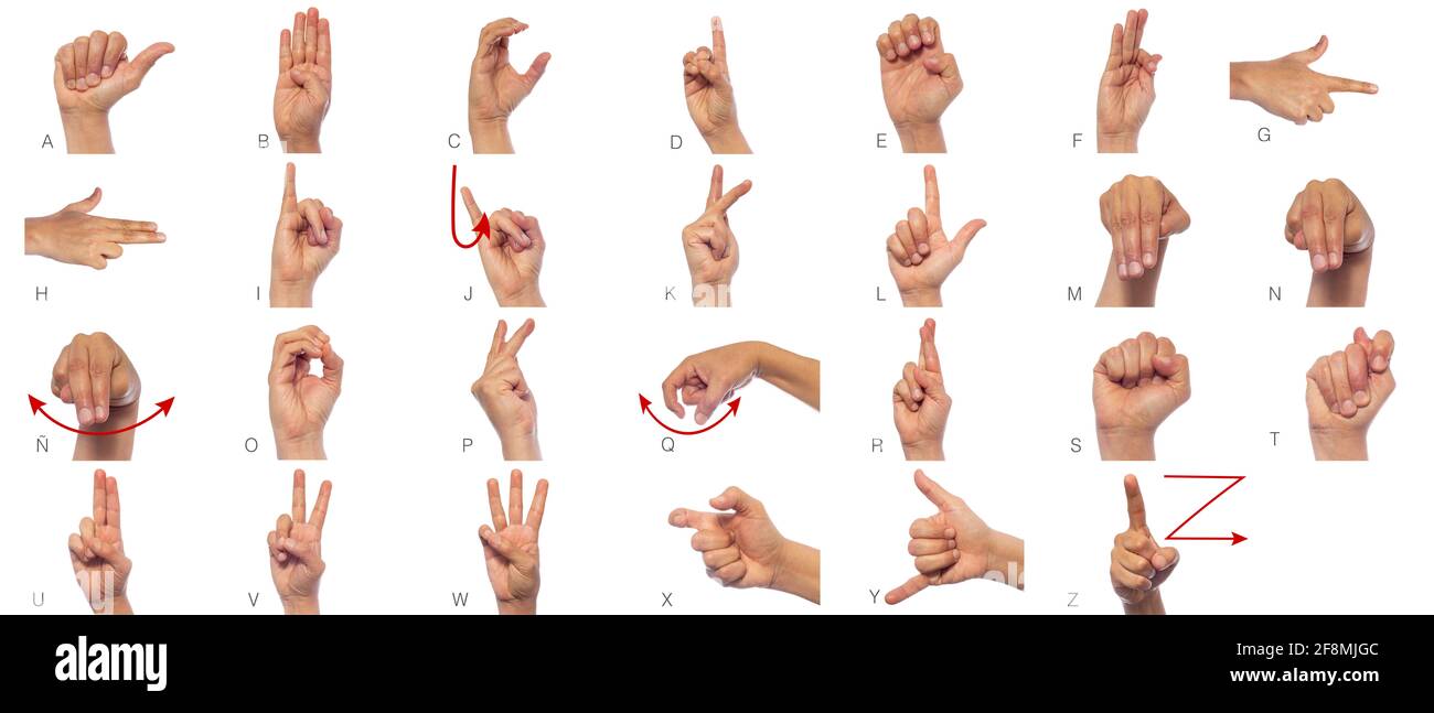 Sprache taubstummer Hände. Satz von Bildern von Händen und Fingern mit Zeichensprache isoliert auf weißem Hintergrund. Ausdruckskraft asl Gesten Alphabete Stockfoto