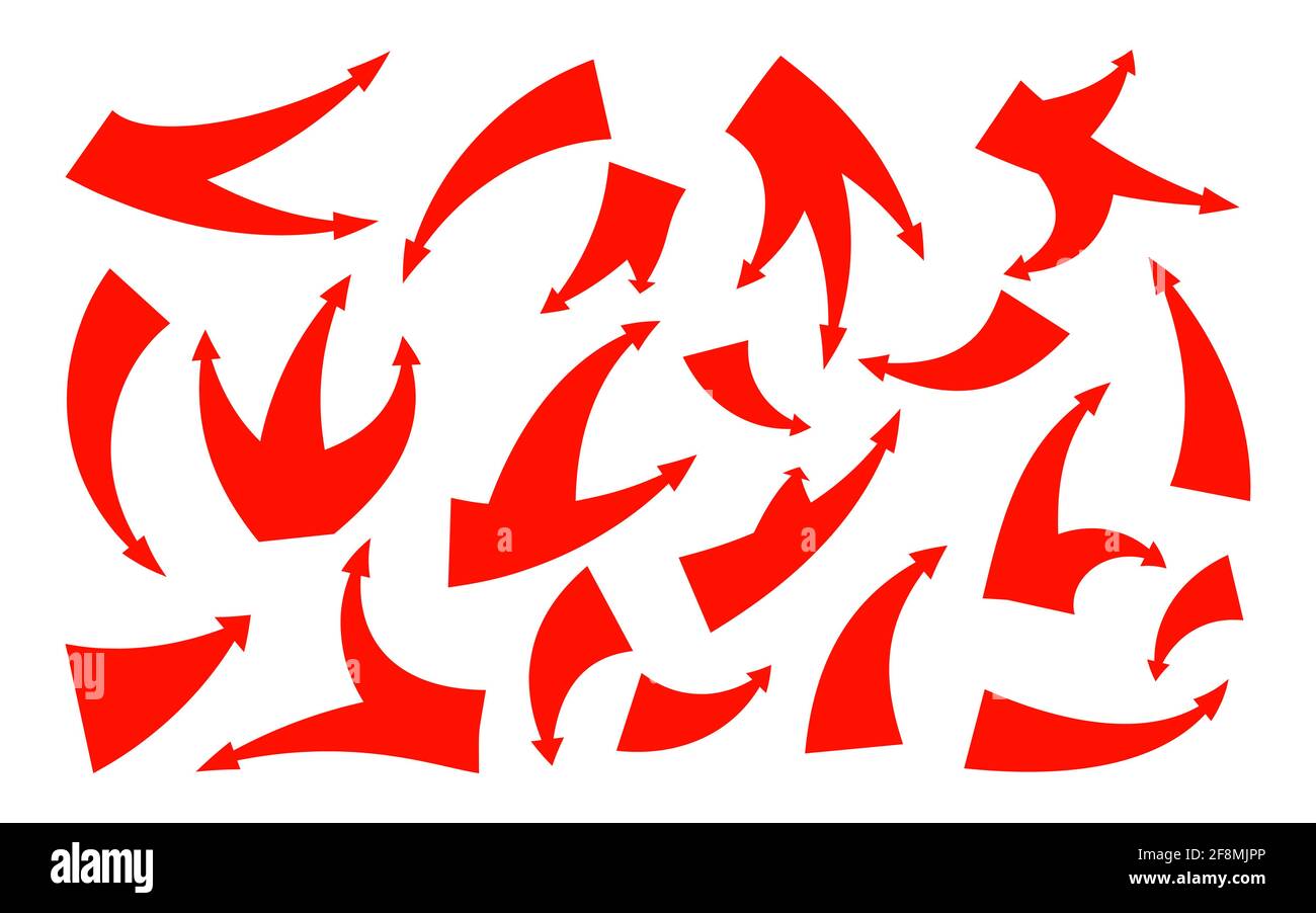 Rote verschiedene Angriffspfeile Symbol gesetzt. Historischer Pfeil im Retro-Stil für die Karte. Flaches Infografik-Element des Zeigercursors. Einfaches grafisches Symbol vorwärts, zurück. Isoliert auf weißer Vektorgrafik Stock Vektor
