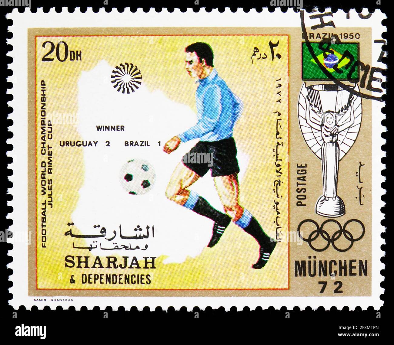 MOSKAU, RUSSLAND - 4. OKTOBER 2019: Die in Sharjah gedruckte Briefmarke zeigt Uruguay 1950, Jules-Rimet Cup Serie, um 1972 Stockfoto