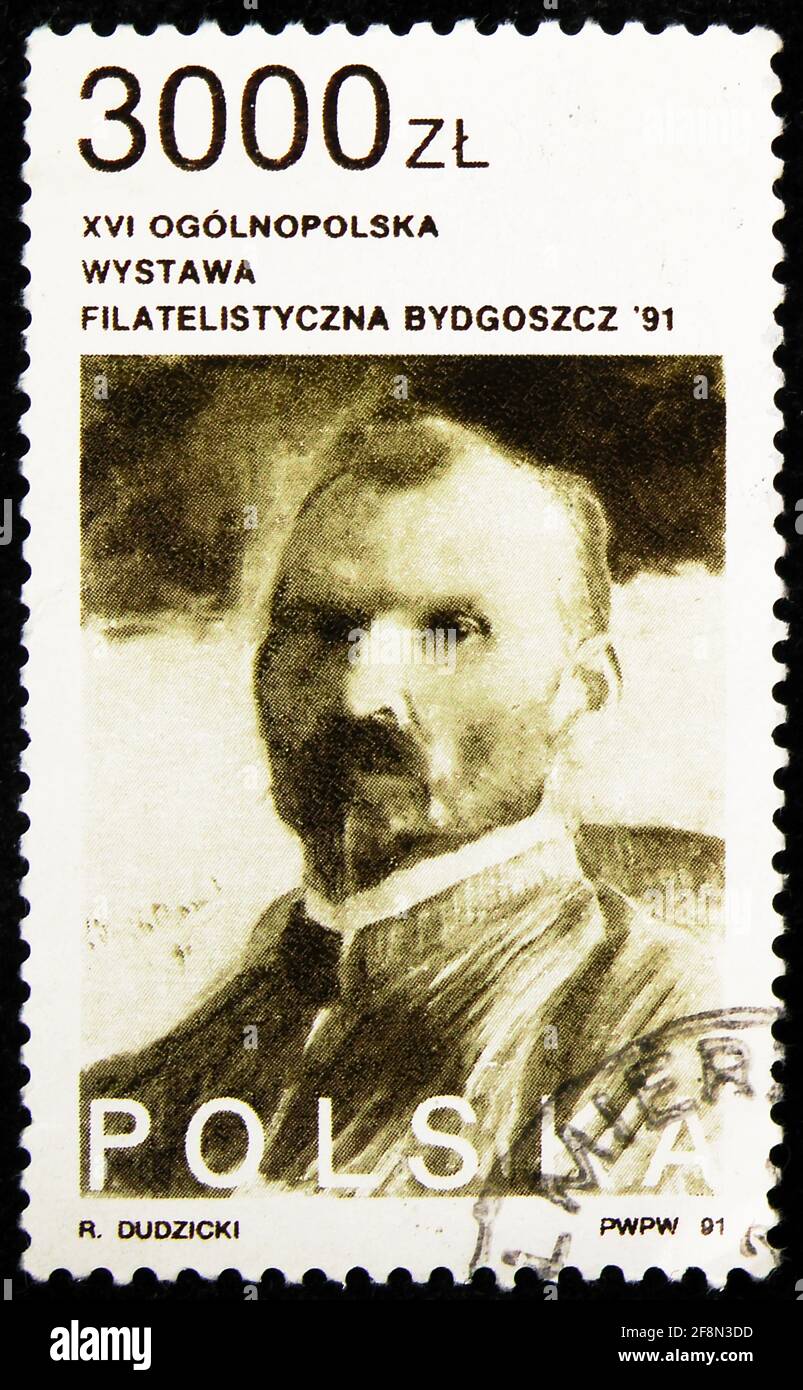 MOSKAU, RUSSLAND - 30. SEPTEMBER 2019: In Polen gedruckte Briefmarke zeigt Leon Wyczolkowski (1852-1936), Maler, um 1991 Stockfoto