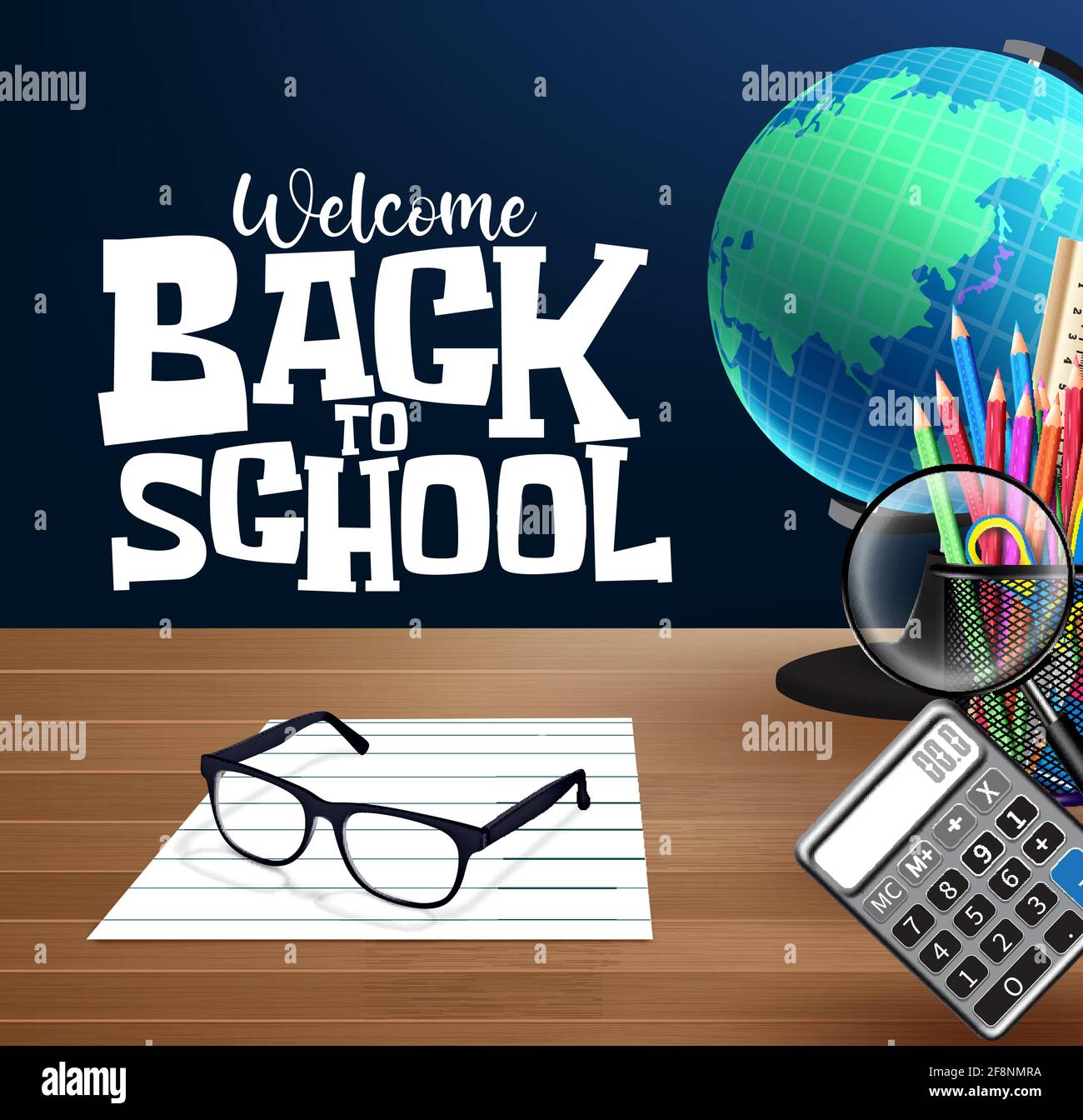 Back to School Vektor-Banner-Vorlage. Willkommen zurück in der Schule mit Globus, Taschenrechner und Brille pädagogische Element für Unterricht Hintergrunddesign. Stock Vektor