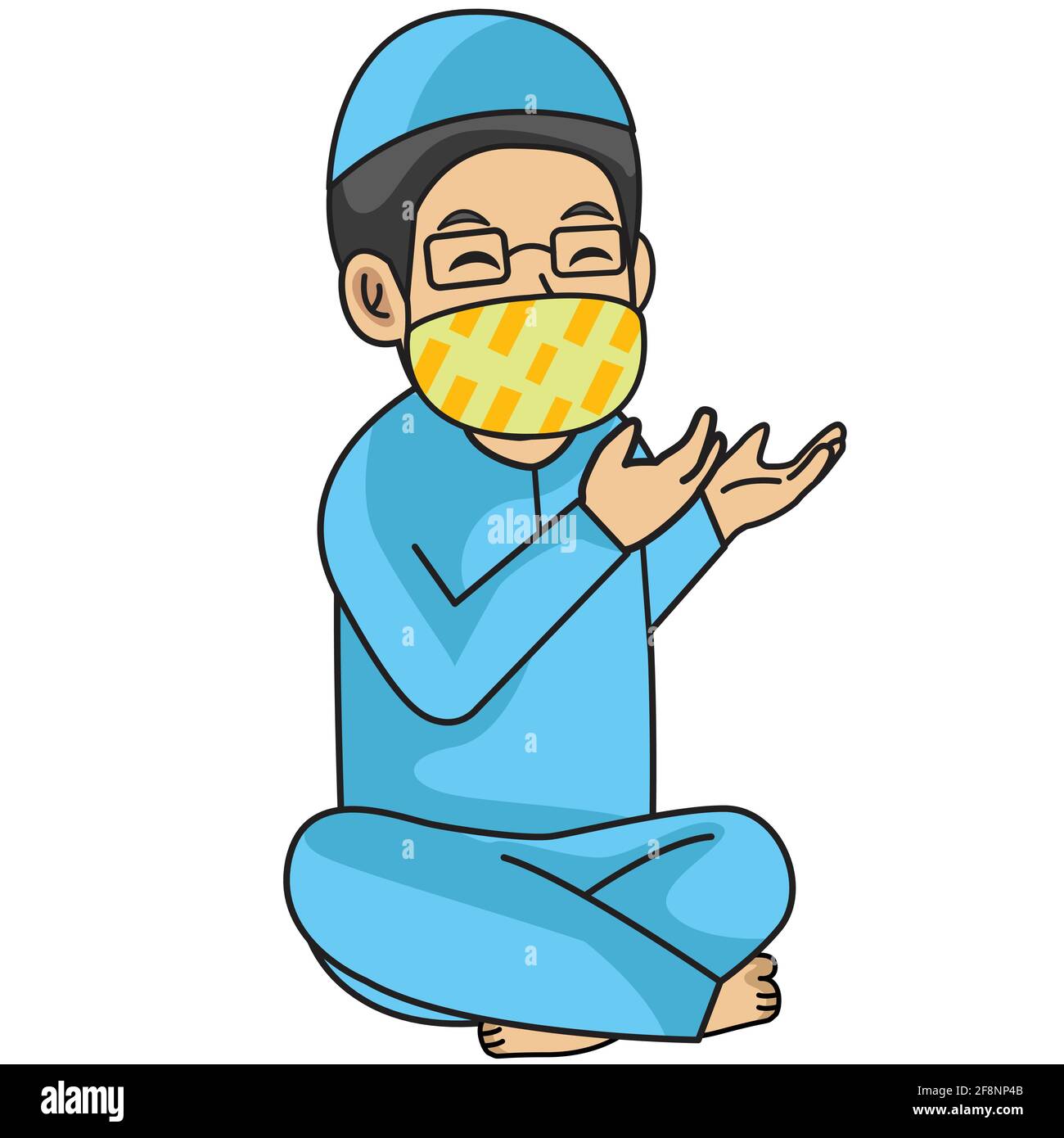 Muslimischer Mann oder Vater verwenden blaues Hemd, beten in iftar. ramadan Nacht, mit Maske und gesunde Protocol.Vector Zeichen Illustration. Stock Vektor