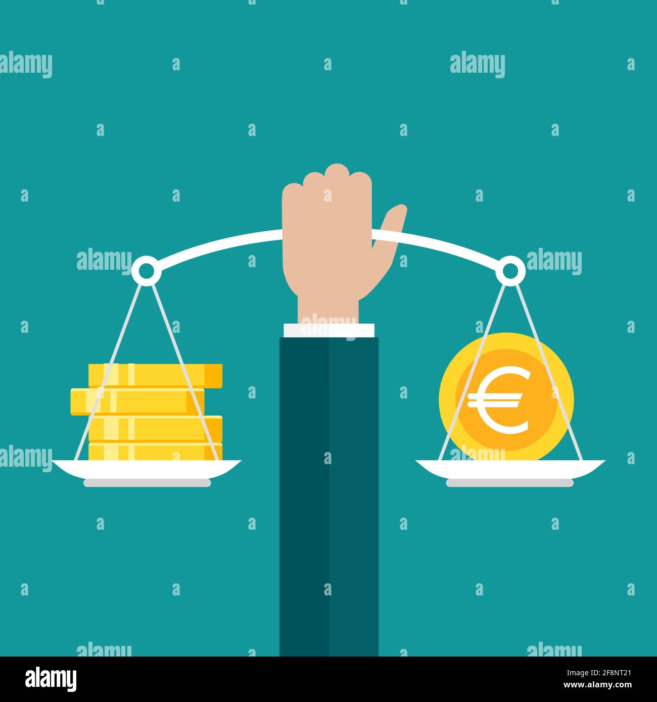 Businessman Hand hält weiße mechanische Schuppen mit Goldmünze und Stapel  von Münzen in Pfannen. Währungssaldo oder -Wechsel. Gerechtigkeit,  Rechtsmaßstab. Vecto Stock-Vektorgrafik - Alamy