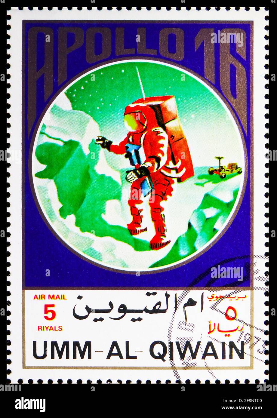 MOSKAU, RUSSLAND - 5. OKTOBER 2019: Briefmarke in Umm al Quwain zeigt Apollo 16, Apollo 11-17; Großformatserie, um 1972 Stockfoto