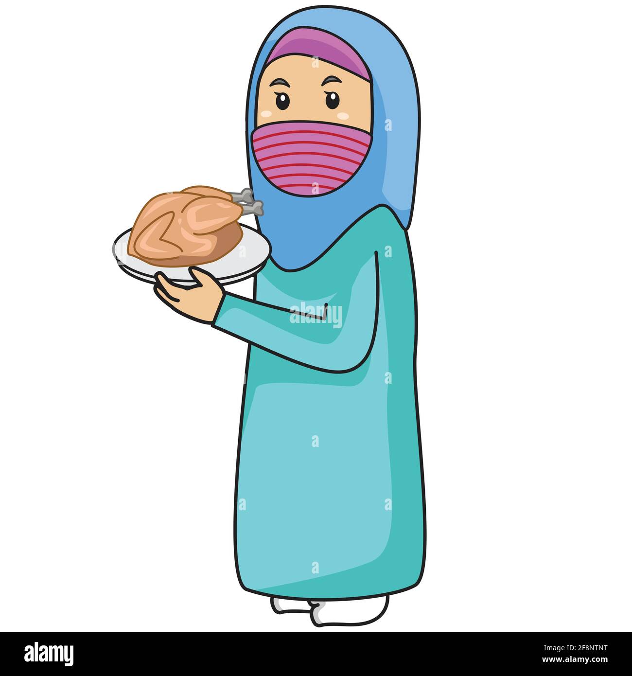 Muslimische Frau oder Mutter verwenden blaues Hemd, ramadan Nacht bringen Huhn gebraten, mit Maske und gesunde Protokoll.Vektor-Charakter-Illustration. Stock Vektor