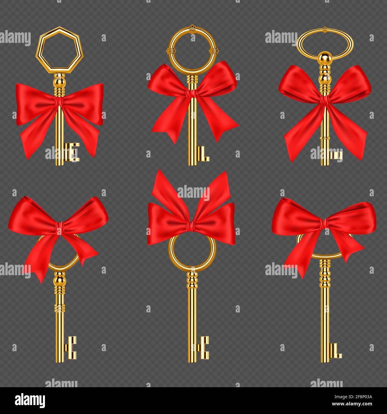 Alte goldene Schlüssel mit gebundener roter Schleife isoliert auf transparentem Hintergrund. Vektor realistische Set von Vintage dekorative goldene Schlüssel mit Band für Geschenk zum Geburtstag oder Urlaub. Konzept der Luxus-Geschenke Stock Vektor