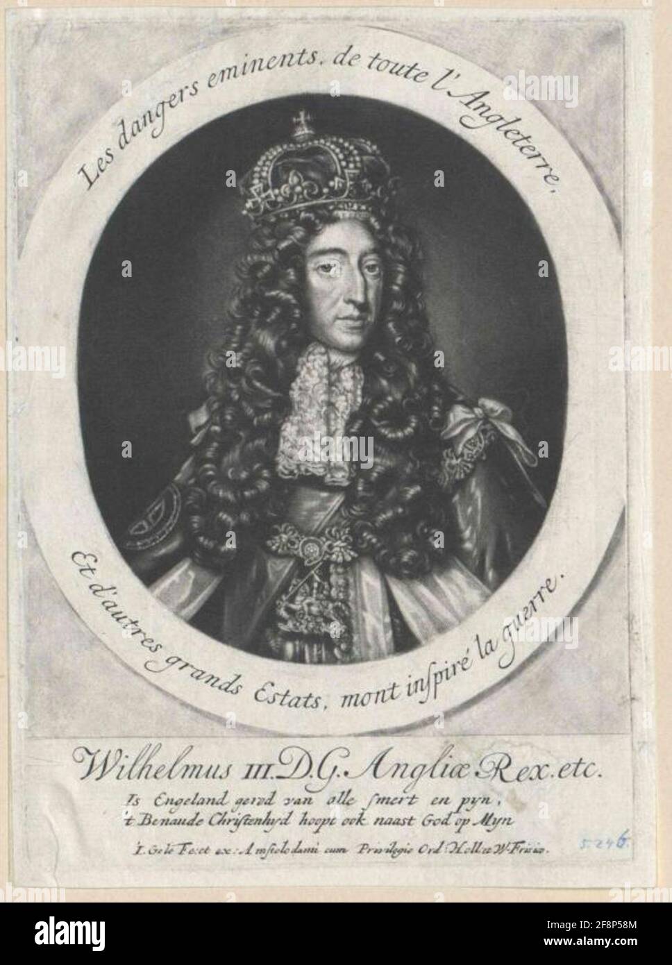 Wilhelm III., Prinz von Orania, König von England als König von England in Kronornat: Fast halbe Figur, Gesicht von rechts, Körper etwas von links; mit Krone auf allon Perücke; Lacy jabot; Helmelin-besetzter Mantel und Collanes der Hosenbandordnung; In weiß, beidseitig eines ovalen Rahmens mit zwei aufsteigenden franz. Verse in der oberen und unteren Hälfte; rechteckige Außenfelder hell beschädigt; unterhalb der Darstellung einzeilig lat. Legende über zweizeilige Holländer. Verse; in der unteren Zeile links Stecher- und Termzeitung, rechte Vormerkung der Stände von Holland und Westfriesland. Stockfoto