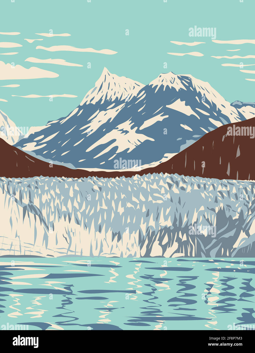 WPA Poster Art of Glacier Bay National Park and Preserve Mit Abwasser Gletscher Berge Fjorde westlich von Juneau Alaska In Works-Projekt durchgeführt Stock Vektor