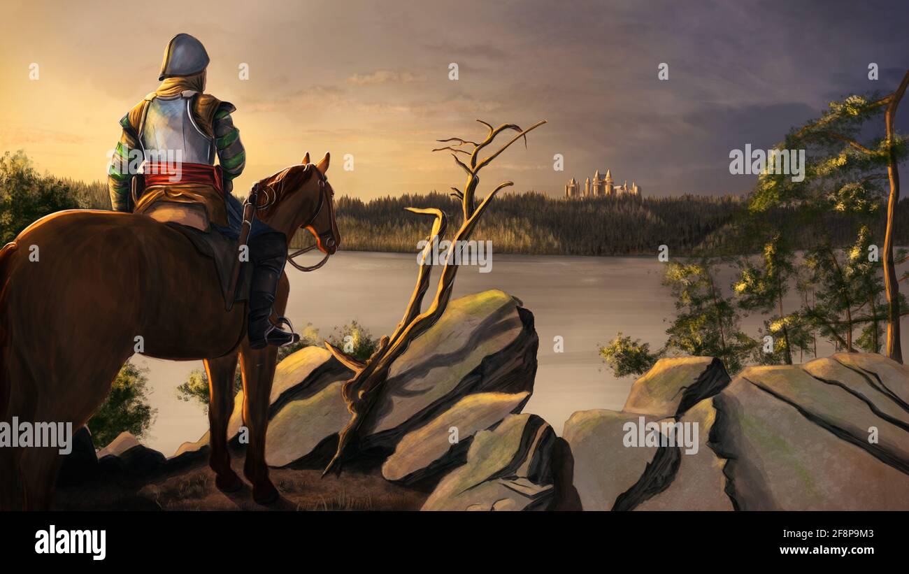 Ritter auf dem Pferd auf der Klippe mit Blick auf die Burg bei dem goldenen Sonnenuntergang. Digitale Malerei Illustration. Stockfoto