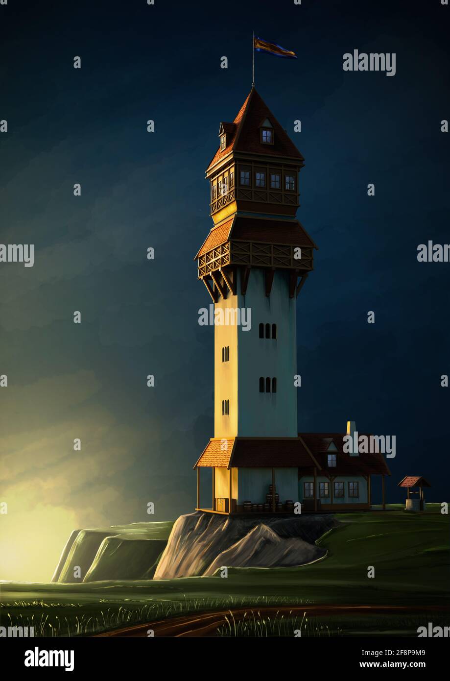 Mittelalterlicher Wachturm auf der hohen Klippe. Fantasy-Szene bei Sonnenuntergang. Digitale Malerei Illustration. Stockfoto