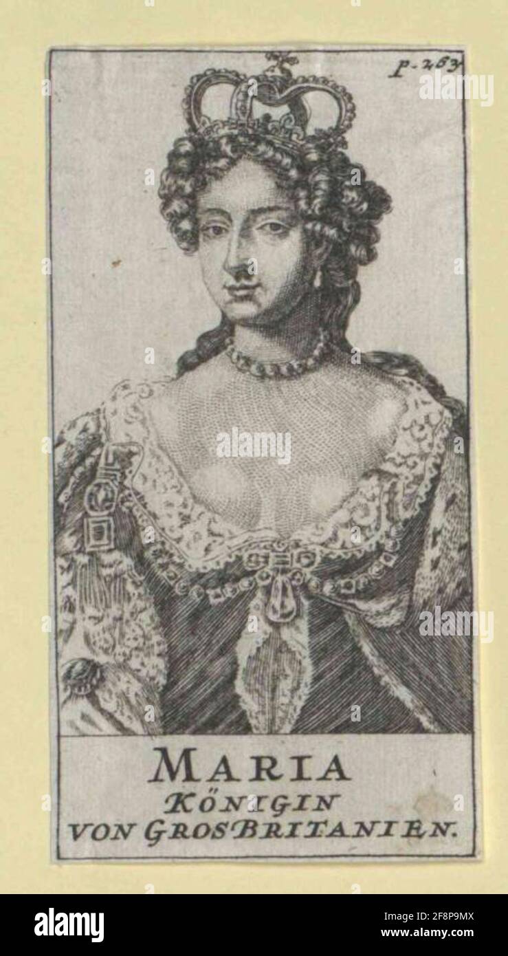 Maria II., Königin von England als Königin: Fast halbe Figur, von links en face, frontal am Körper; mit Perleneisernenkrone in onduliertem Haar, zwei langen Haarlocken um die Schultern, Perlenohren und Halskette; in Dekolletet. Kleid mit großem beschichtetem Schmuckstück und Perlenkette um den Ausschnitt mit Seidengewebe; Paginierung oben rechts und dreizeilige deutsche Legende unter der Darstellung innerhalb einer rechteckigen Bildrandlinie. Kupferstich, ohne Bezeichnung. Stockfoto