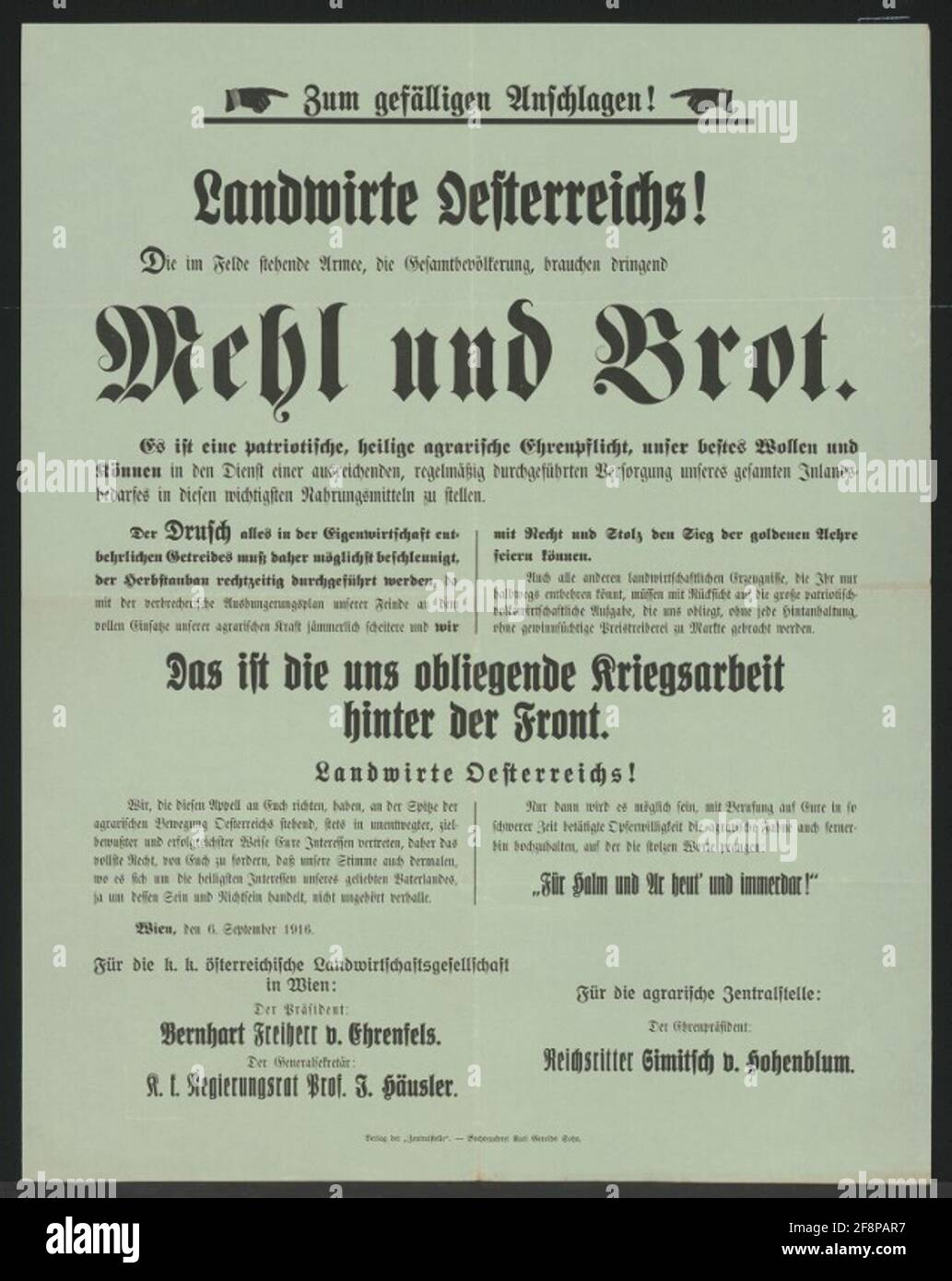 Mehl und Brot - Bauern in Österreich! - Arbeiten Sie für das angenehme! „Es ist eine patriotische, heilige landwirtschaftliche Ehrenverpflichtung, unser Bestes zu tun und in den Dienst einer angemessenen, regelmäßig durchgeführten Versorgung unserer gesamten häuslichen Bedürfnisse mit diesen wichtigsten Lebensmitteln zu stellen.“ - rasche Umsetzung der Druske - Versorgung der Armee und der Bevölkerung mit Brot und Mehl - 'das ist die Kriegsarbeit ist hinter der Front' - 'für Halm und Ar heute' und immer! - Wien, 6. September 1916 - für die K. K. Agrargesellschaft in Wien: Der Präsident Bernhart Freiherr v. Ehrenfels - der Generalsekretär: K.K. Regieren Stockfoto