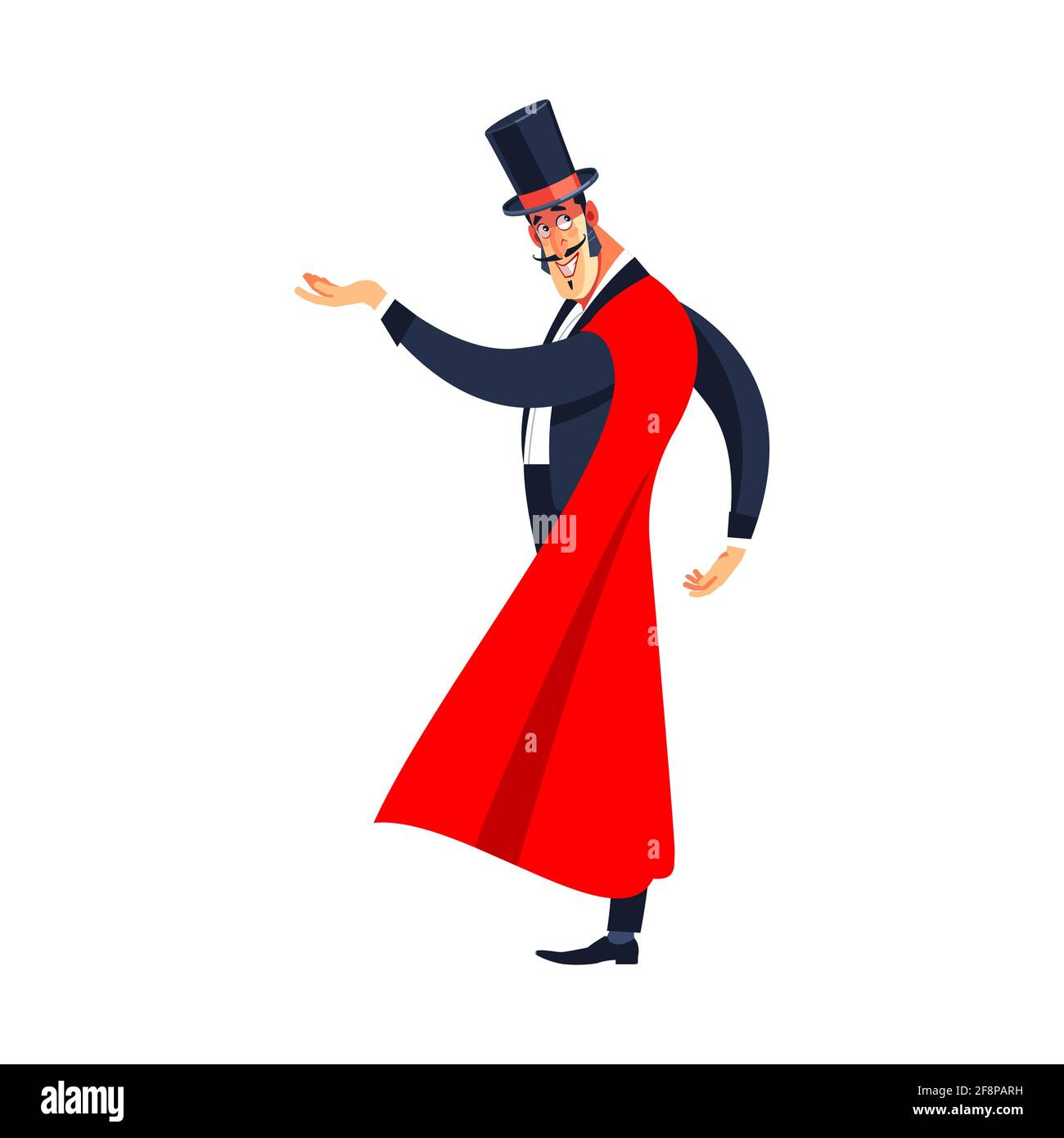 Showman. Junger männlicher Entertainer, Moderator oder Schauspieler auf der Bühne. Der Typ im roten Mantel und der Zylinder. Cartoon-Vektor-Illustration isoliert auf einem Stock Vektor