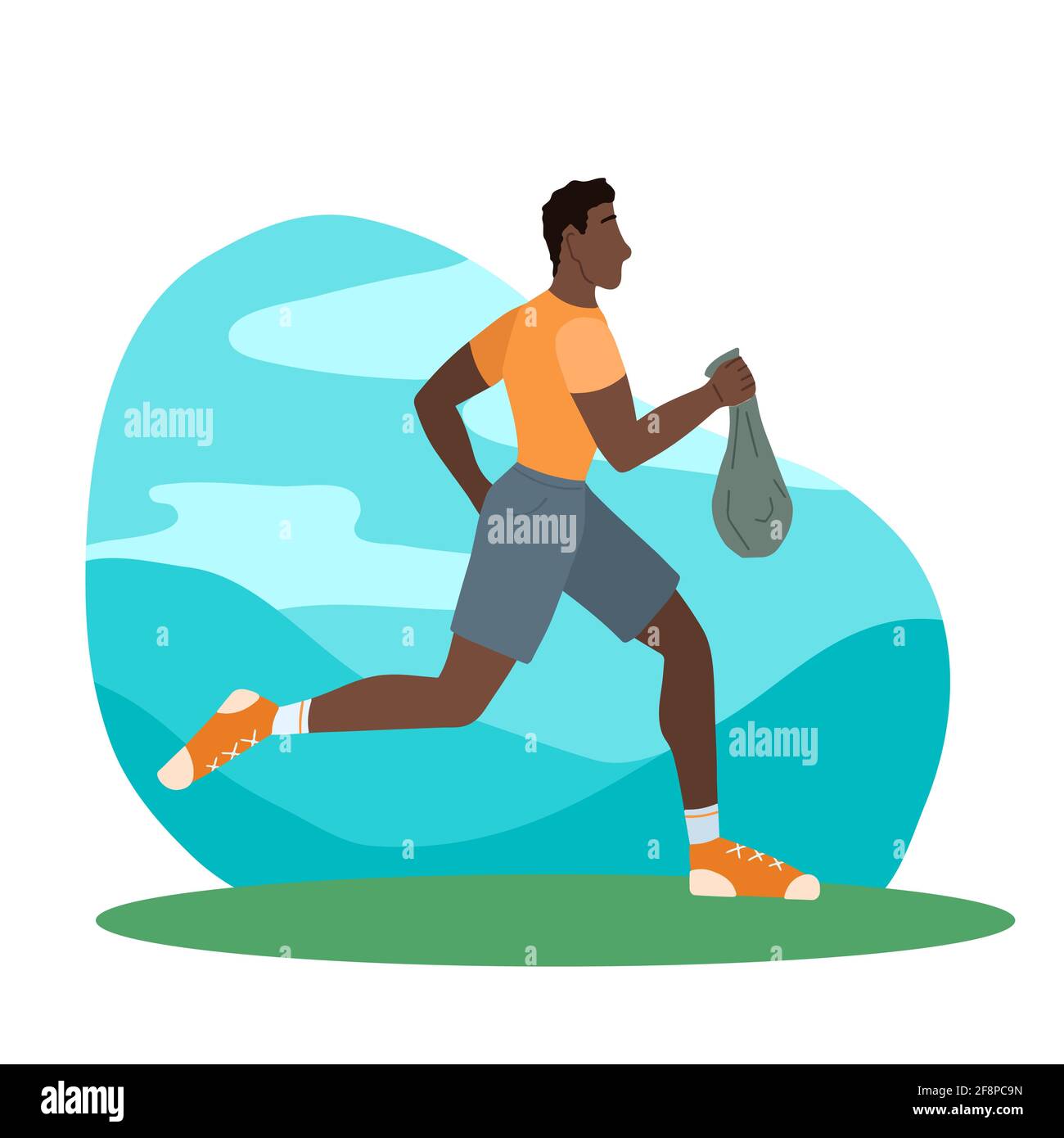 Plogging. Joggen afrikanischer Mann mit einem Müllbeutel im Park. Ein Sportler, der sich um die Sauberkeit der Stadt kümmert. Flache Vektordarstellung des schwarzen spo Stock Vektor