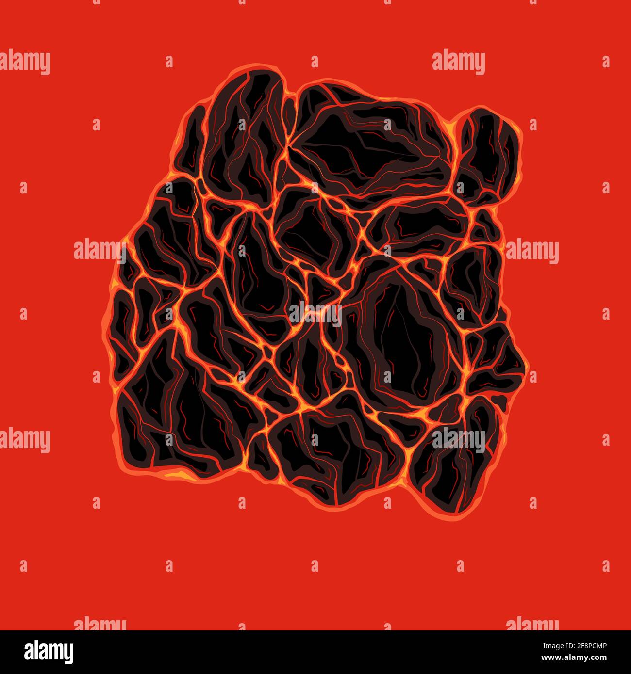 Illustration von Lava mit Steinen. Magma aus geschmolzenem Fels. Eruption mit Erdbeben. Naturkatastrophe. Vektorbild für Karte, Aufkleber, Banner Stock Vektor