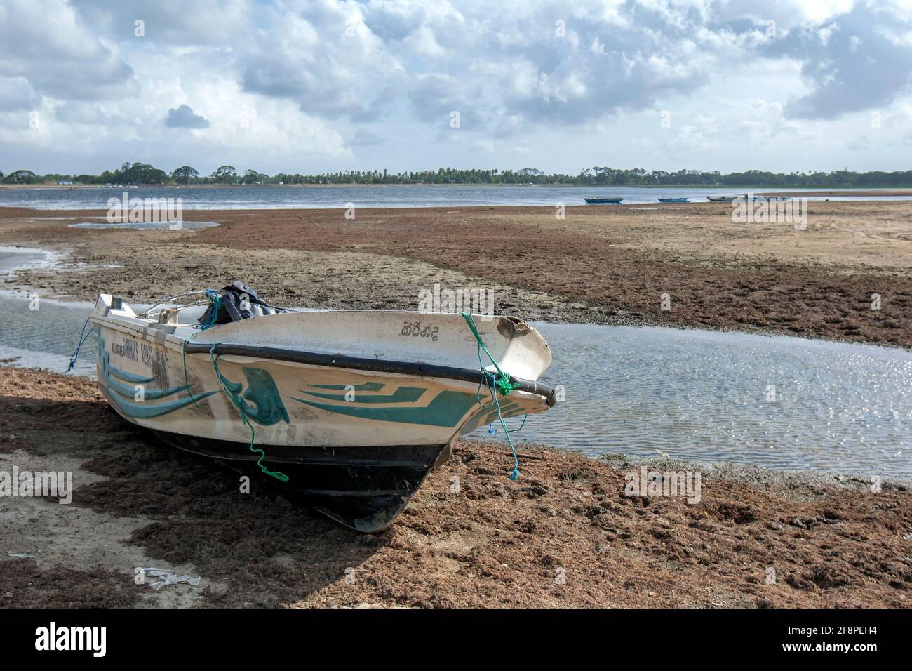 Ein Fischerboot wurde im abgereicherten Tissa Lake (Stausee) bei Tissamaharama im Süden Sri Lankas befahren. Das ist ein künstlich angeschacktes Reservoir. Stockfoto