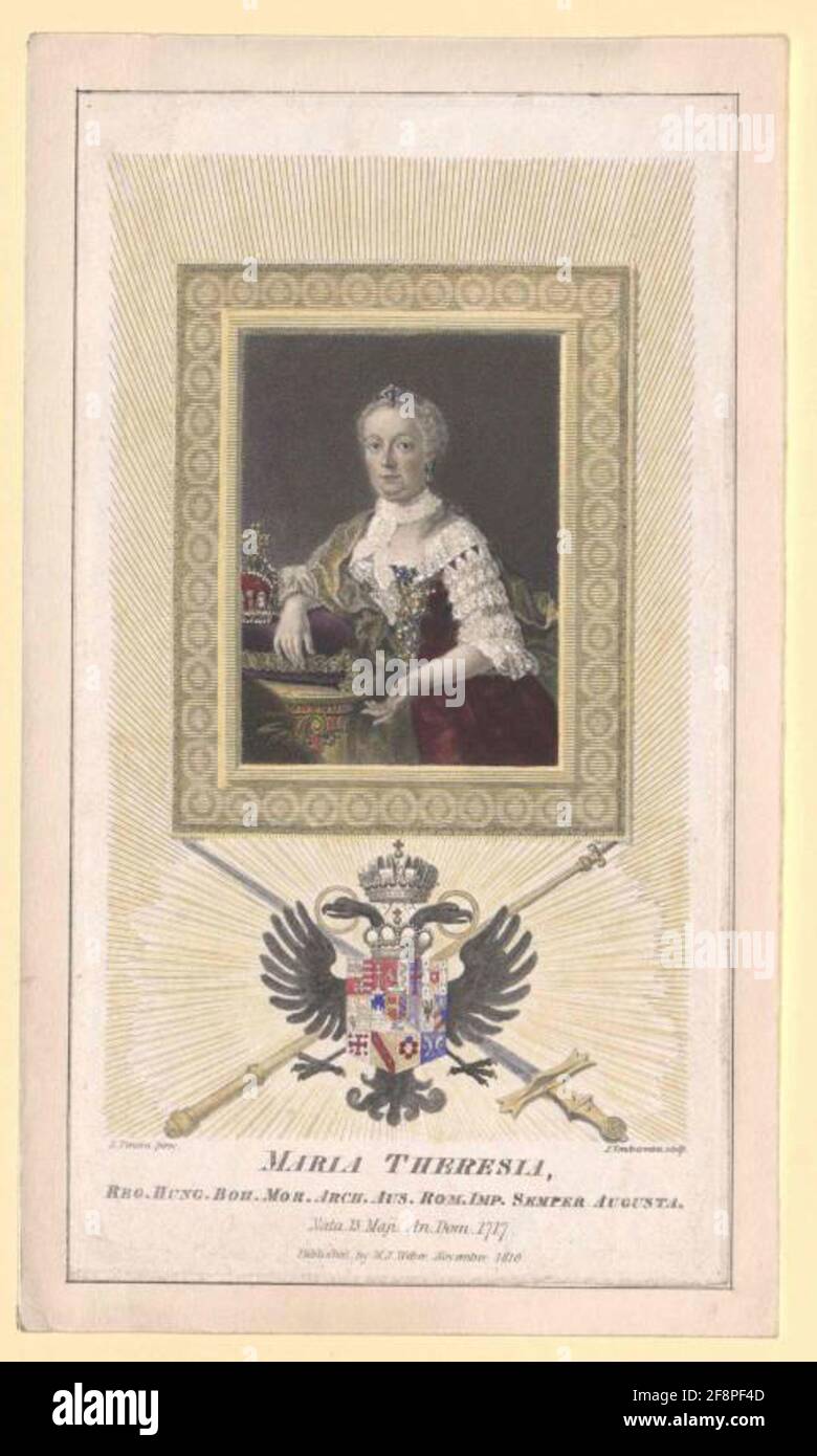 Maria Theresia, römisch-deutsche Kaiserin Farbiger Kupferstich von Giovanni Vendramini nach Gemälden von Antonio Pencini Stockfoto