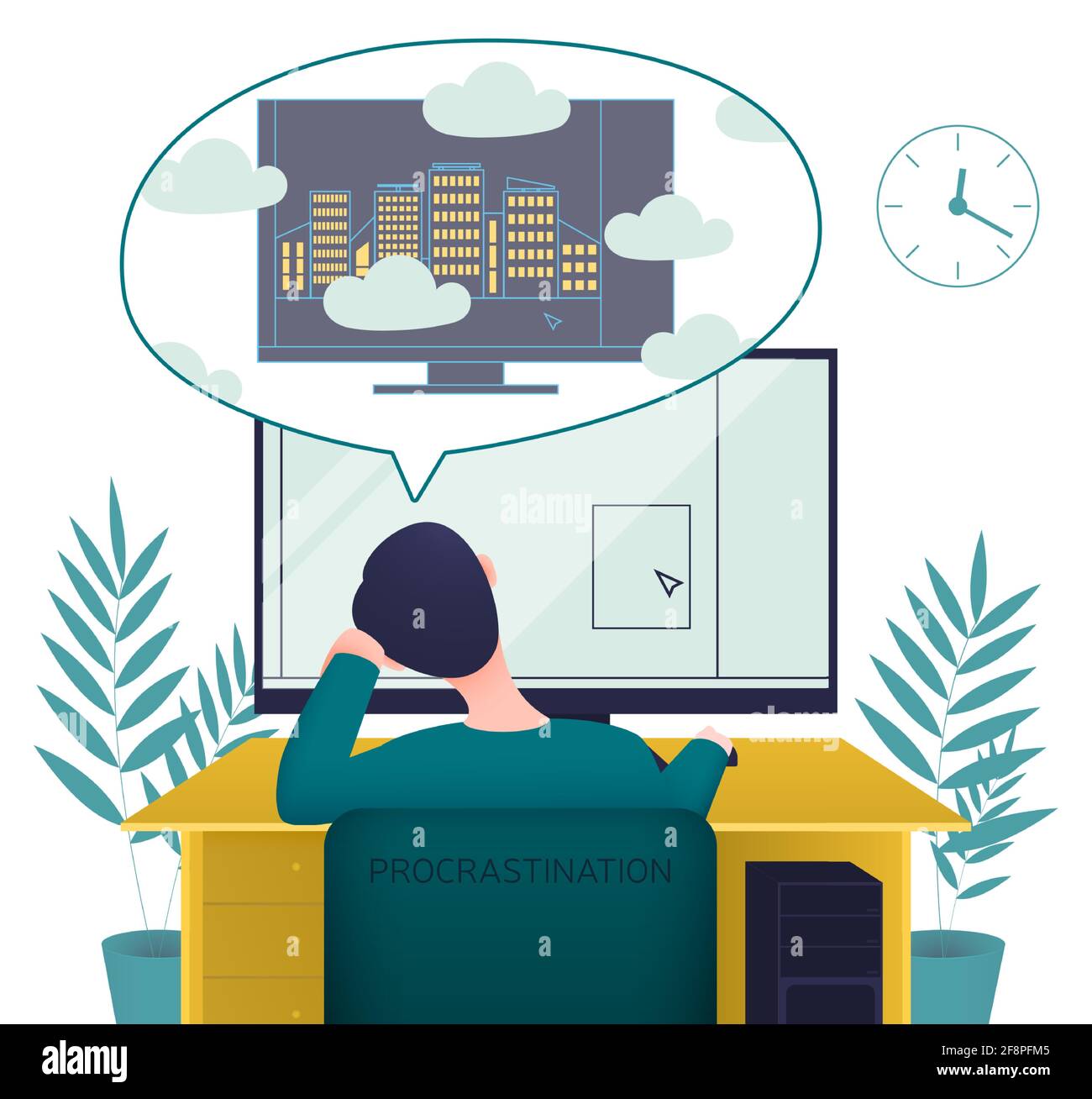 Aufschiebende Mann sitzt hinter dem Schreibtisch mit dem Rücken gegenüber dem Computer und setzt seine Idee nicht um. Vektorgrafik. Stock Vektor