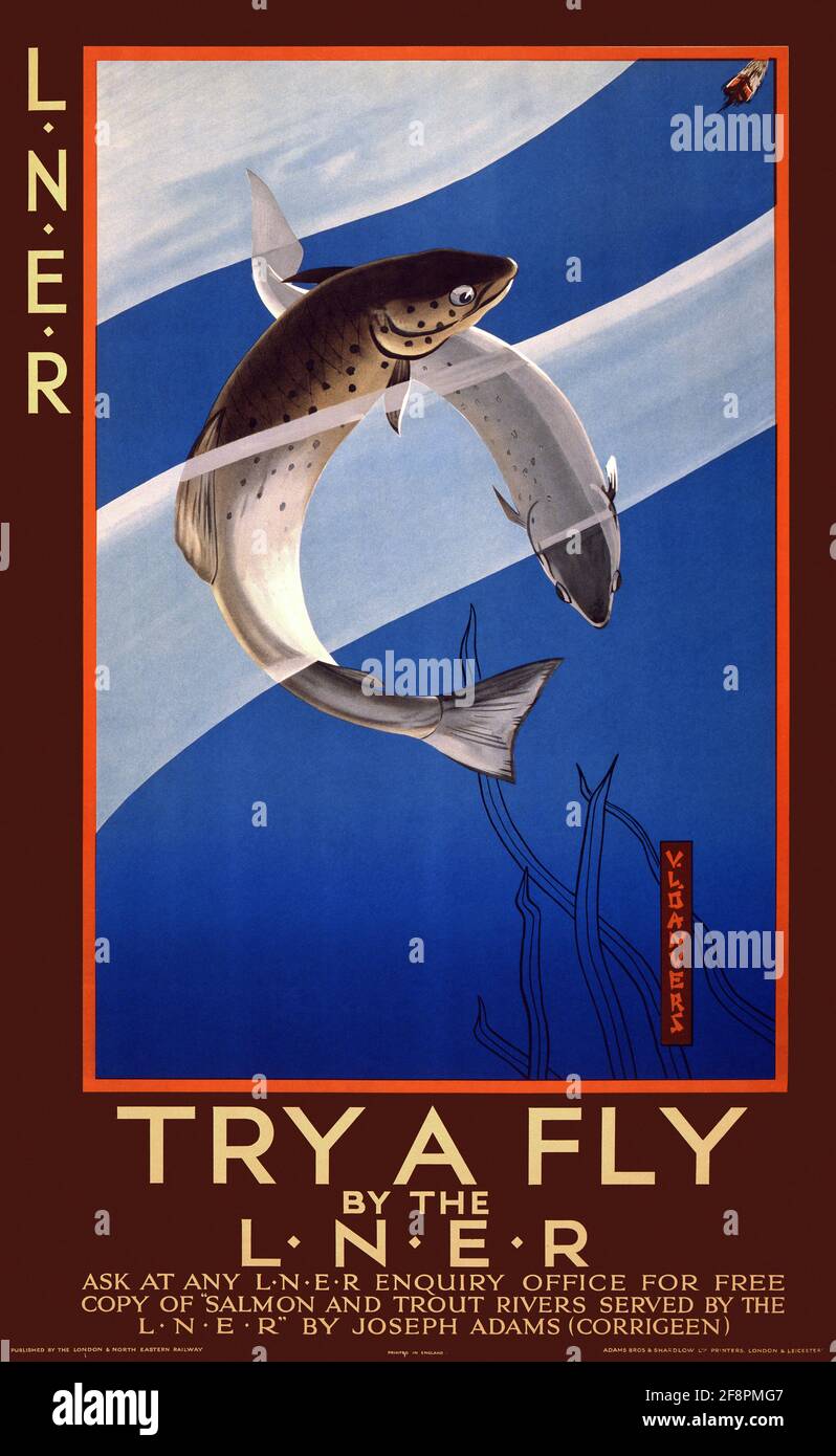 Restauriertes Vintage-Reisesoster. Versuchen Sie einen Flug mit der L. N.E.R. von Verney L. Danvers (1895–1973), Großbritannien. Poster veröffentlichte die 1930er Jahre. Stockfoto