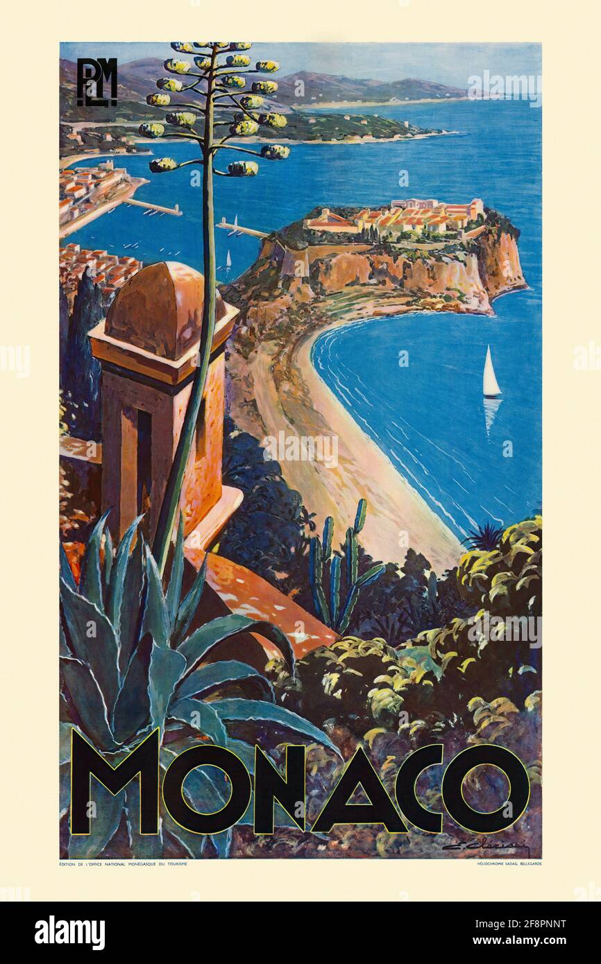Restauriertes Vintage-Reisesoster. Monaco PLM von Etienne Clerissi (1888-1971), Frankreich. Poster veröffentlicht im Jahr 1925. Stockfoto