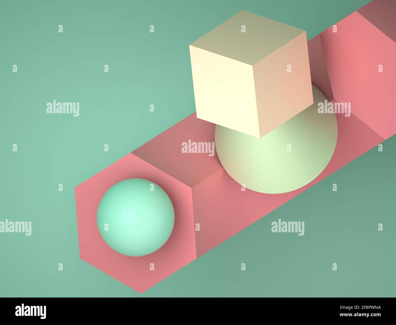 Abstrakte bunte geometrische Installation von primitiven Formen. 3D-Rendering-Illustration Stockfoto