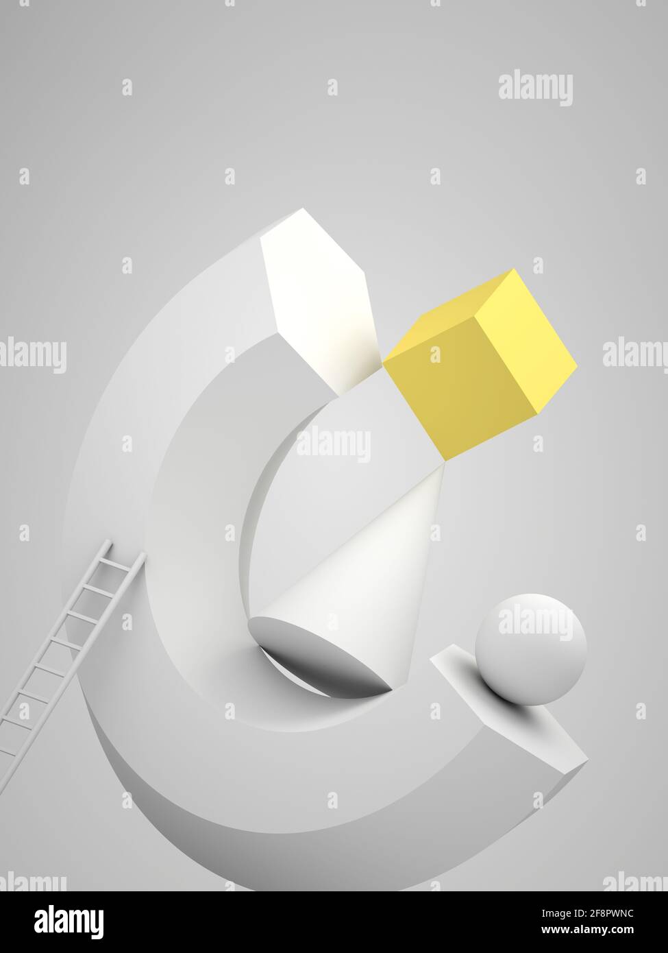 Abstrakte Stillleben-Installation, schwebender weißer geometrischer Formen, Leiter und gelber Würfel. Vertikale 3d-Darstellung Stockfoto