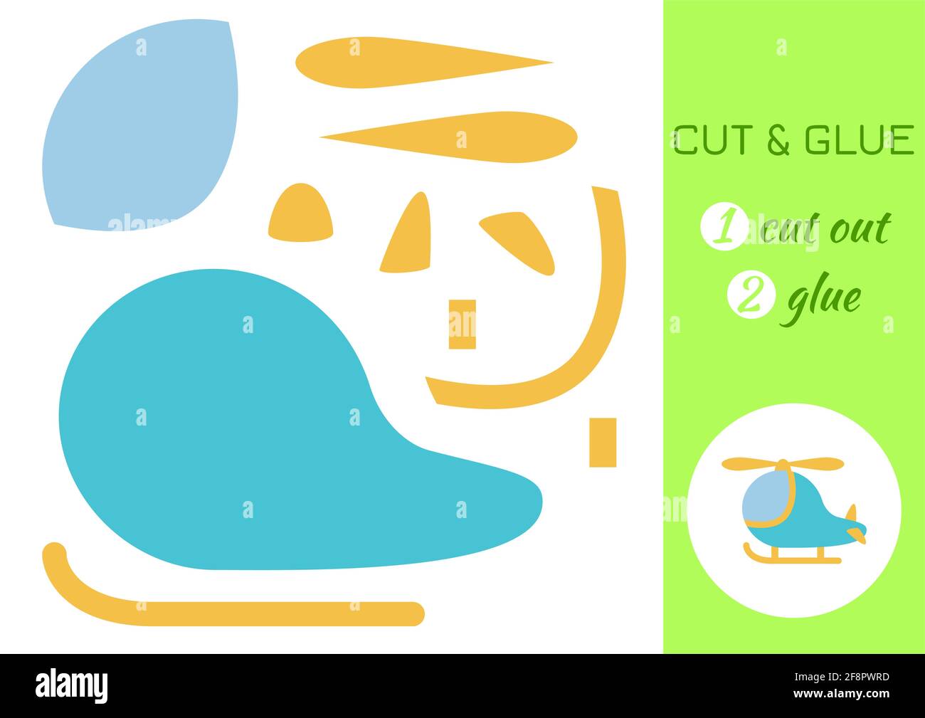 Schneiden und kleben Papier Cartoon türkis Hubschrauber. Seite „Craft Activity“ ausschneiden und einfügen. Pädagogisches Spiel für Kinder im Vorschulalter. DIY-Arbeitsblatt. Kinderlogik Stock Vektor