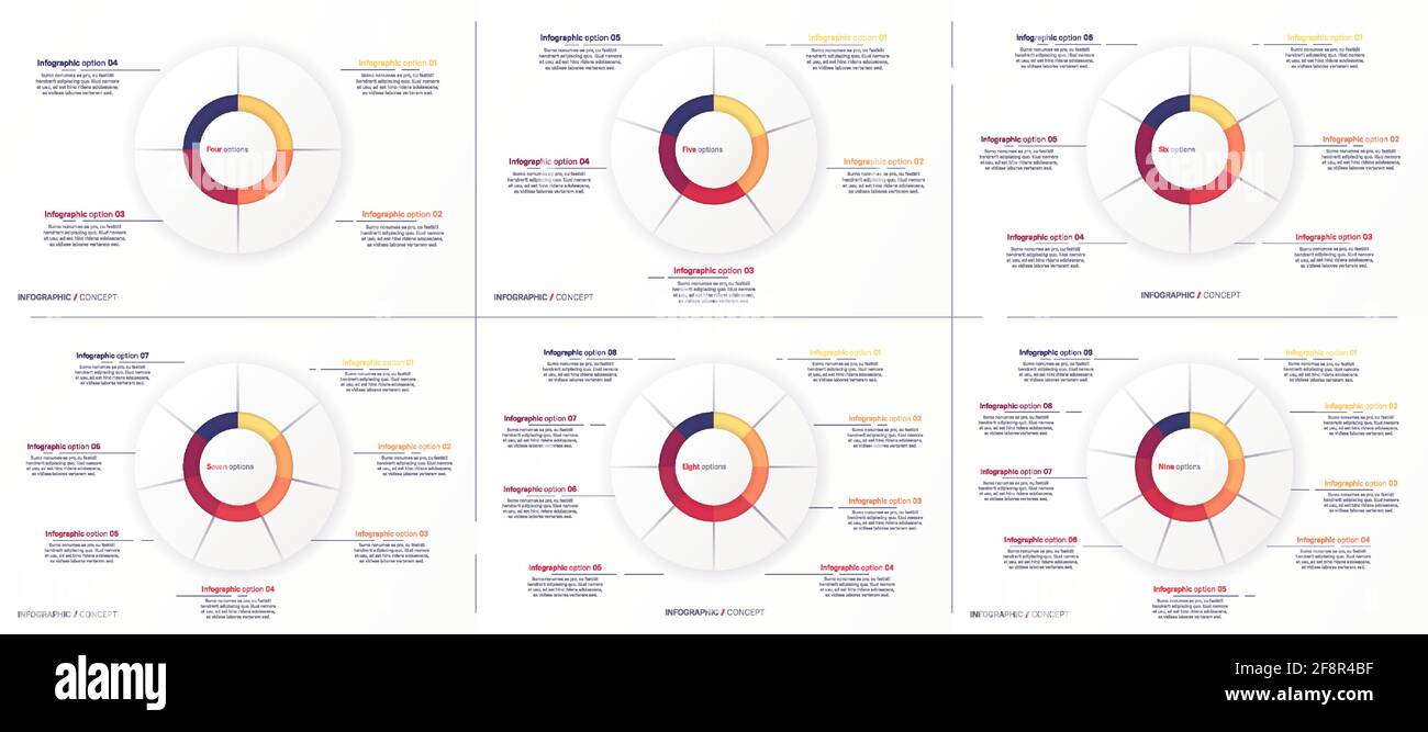 Satz von Vektor-Rundkreis-Infografik-Diagramm-Vorlagen geteilt durch 4 5 6 7 8 9 Teile Stock Vektor