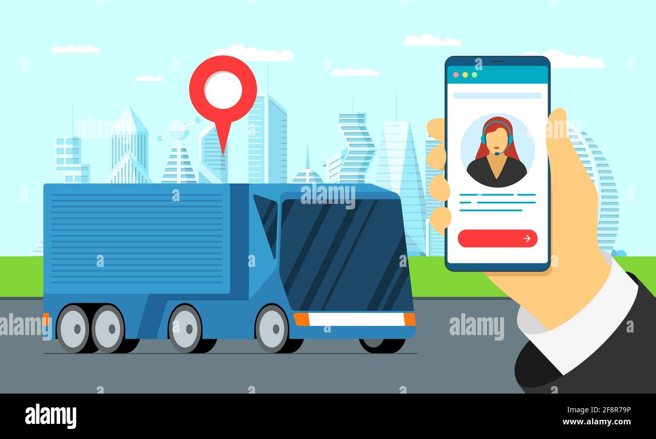 Moderne LKW Anhänger Logistik auf Stadtstraße mit Geotag Standort Stift. App-Support-Assistent für Transport Tracking Delivery Monitoring auf dem mobilen Bildschirm. Auflieger Versand Vektor eps Abbildung Stock Vektor