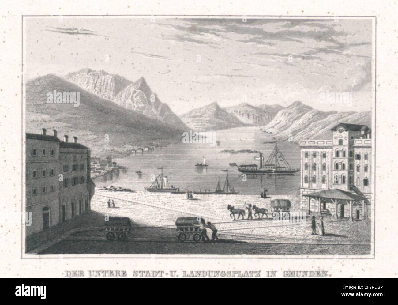 Die untere Stadt und der Landeplatz in Gmunden. Stockfoto