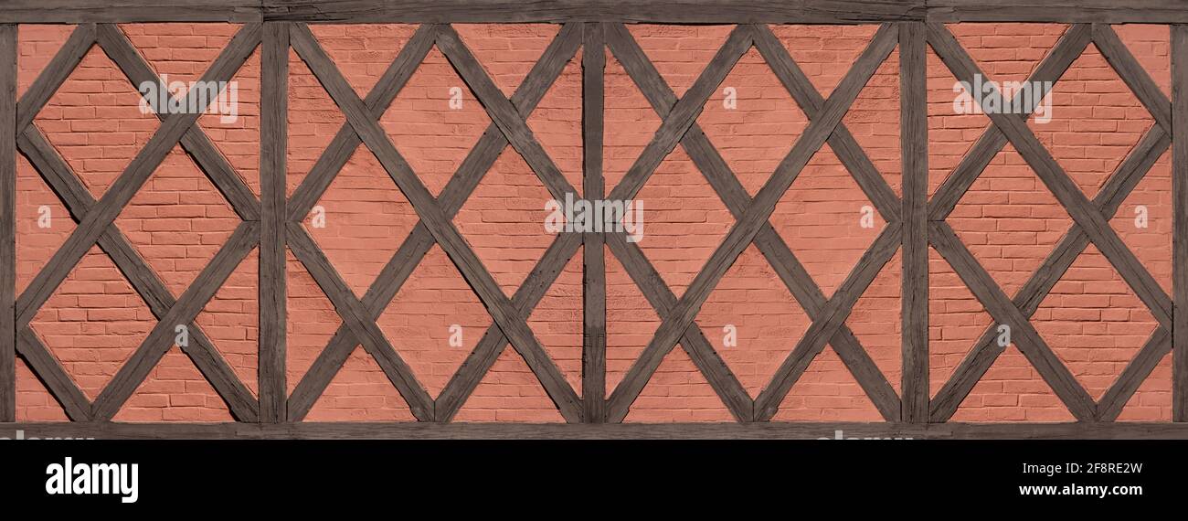 Panorama-Fachwerk aus Balken im Rautenmuster Stockfoto