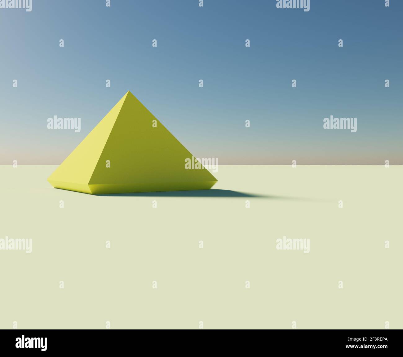Ägyptische Pyramide inspirierte Illustration. 3D-gerenderte, minimalistische Darstellung der Pyramidenform auf gelbem, pastellfarbenem Sandboden Stockfoto