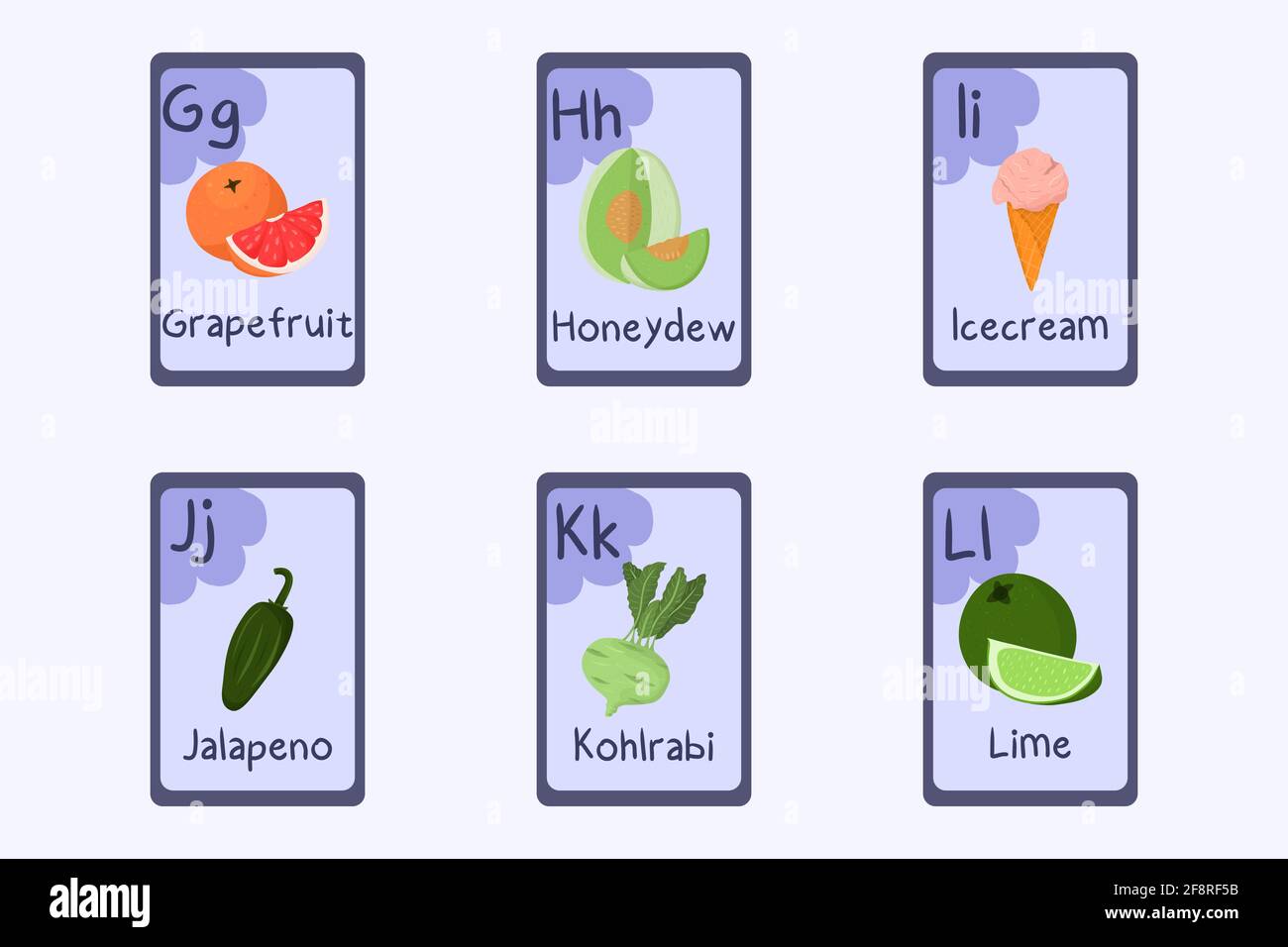 Bunte Alphabet Flashcard Buchstaben G, H, I, J, K, L - Grapefruit, Honigtau, Eiscreme, Jalapeno, Kohlrabi, Kalk. Stock Vektor