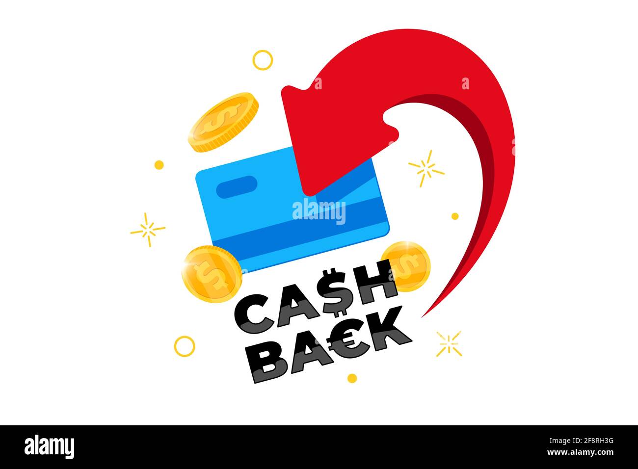 Konzept des Cashback-Treueprogramms. Kredit- oder Debitkarte mit zurückgesandten Münzen auf das Bankkonto. Rückerstattung des Geldes nach dem Kauf Service Design. Bonus Cash Back Symbol Vektor eps Illustration Stock Vektor