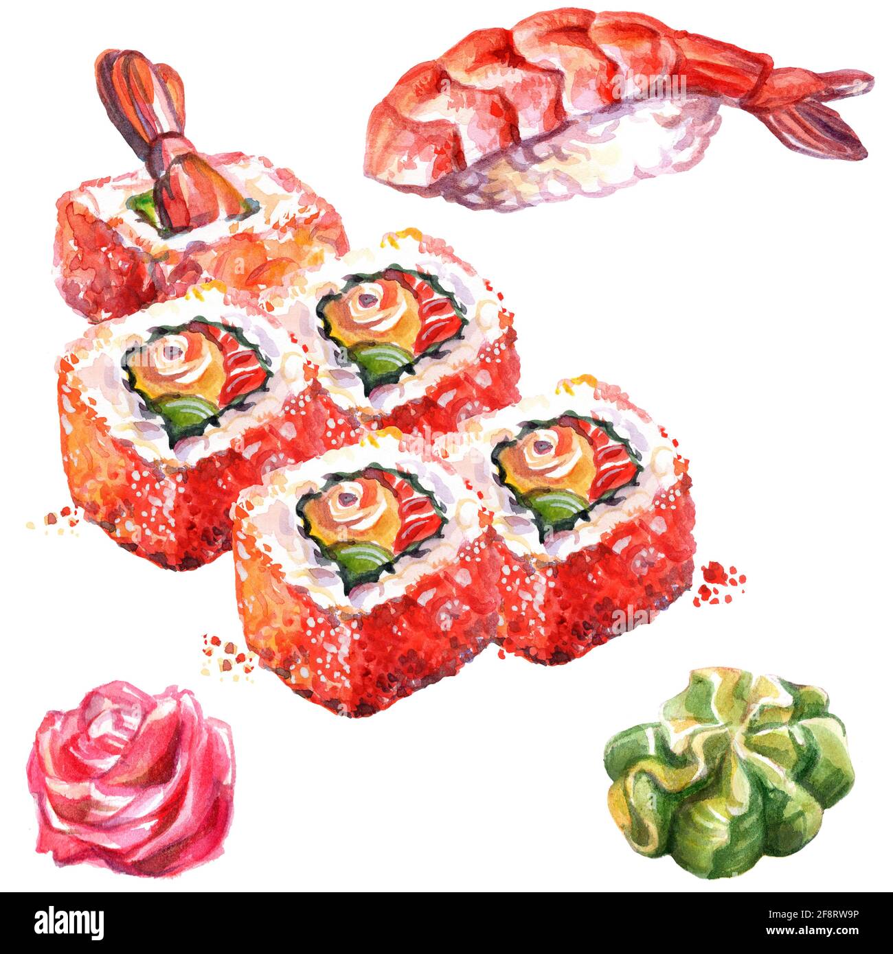 Japanische Küche Rolle und Sushi mit Garnelen, Aquarell-Illustration isoliert auf weißem Hintergrund. Für Design Sushi Restaurant Menü, Karten, Druck, dez Stockfoto