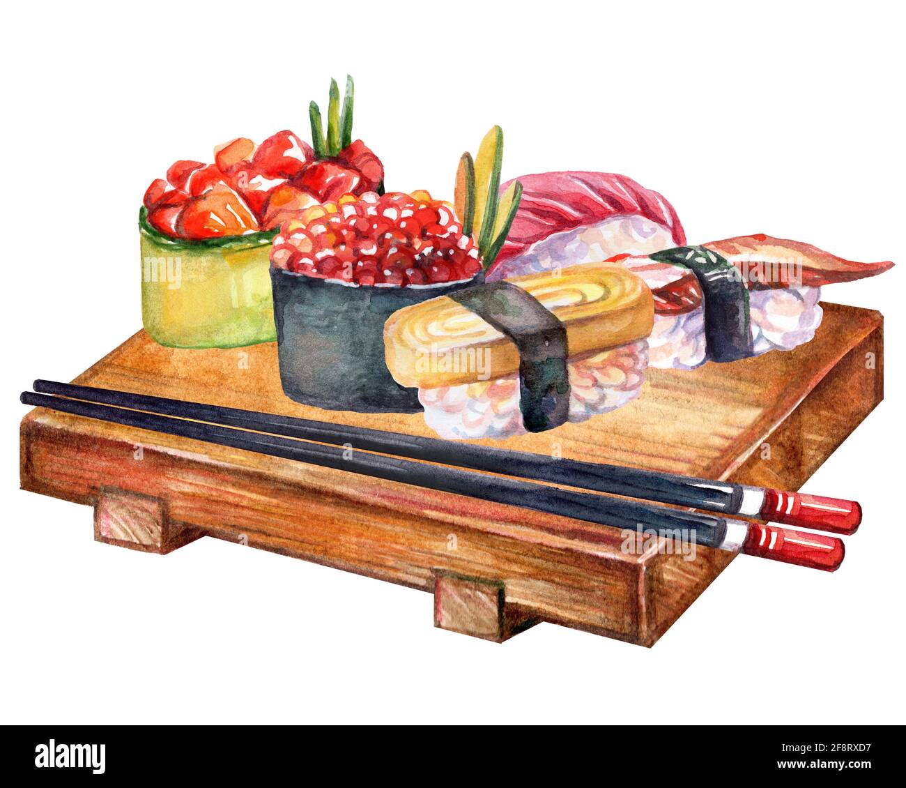 Japanische Küche verschiedene Sushi an Bord mit Essstäbchen, Aquarell-Illustration isoliert auf weißem Hintergrund. Für Design Sushi Restaurant Menü, Auto Stockfoto