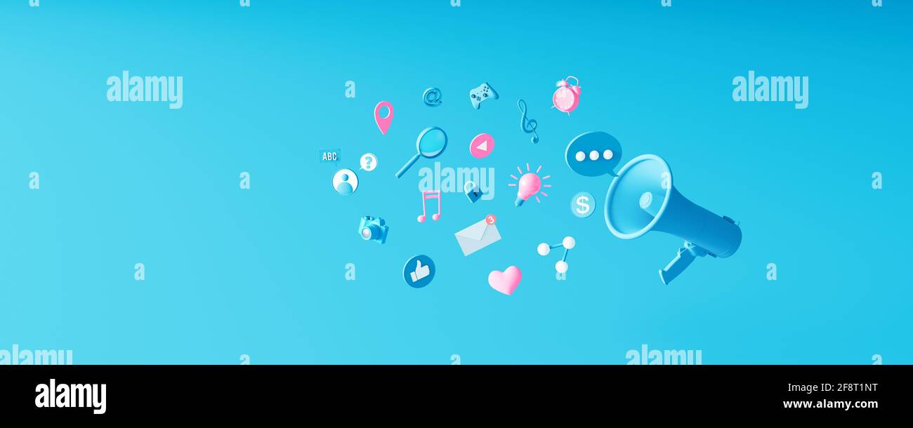 Social Media digitales Marketing- und Promotionskonzept mit verschiedenen Icons auf blauem Hintergrund. 3d-Rendering 3d-Illustration Stockfoto