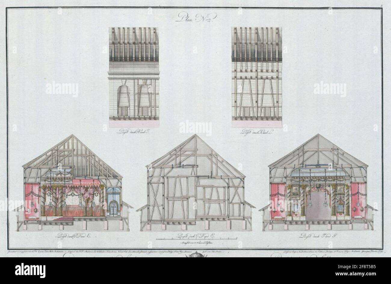 Plan-Nr. 2. Durchschnitt des Saals, den die ungetrübten Herren Länder des Königreichs Böhmen (um das Volksfest zu veranstalten, das an der Feyer der Krönung seiner Majestäten des Kaiser Leopold II. Festgemacht wurde Und seine einsichtsvollen Ressourcen von Kaiser Marie Louise am 12. September 1791) nach Prag in der königlichen Straße zum Nationaltheater. Steckbrief von la Salle Que Les Etats du Royaume de Bohéme ont fait Batir, et Jindre Au Theater de la Rue Rojale de Prague, Pour Celebrer La Fete Nationale, Qu'ils Thunder LE 12 DE Septembre 1791 Pour Le Couronement des Leurs Majestés L'Empereur Leop Stockfoto