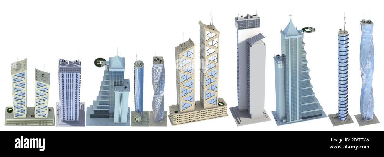Set aus sehr detaillierten futuristischen Gebäuden mit fiktionalem Design und blauer Himmelssinnung - isolierte 3D-Illustration der Architektur aus der Vogelperspektive Stockfoto