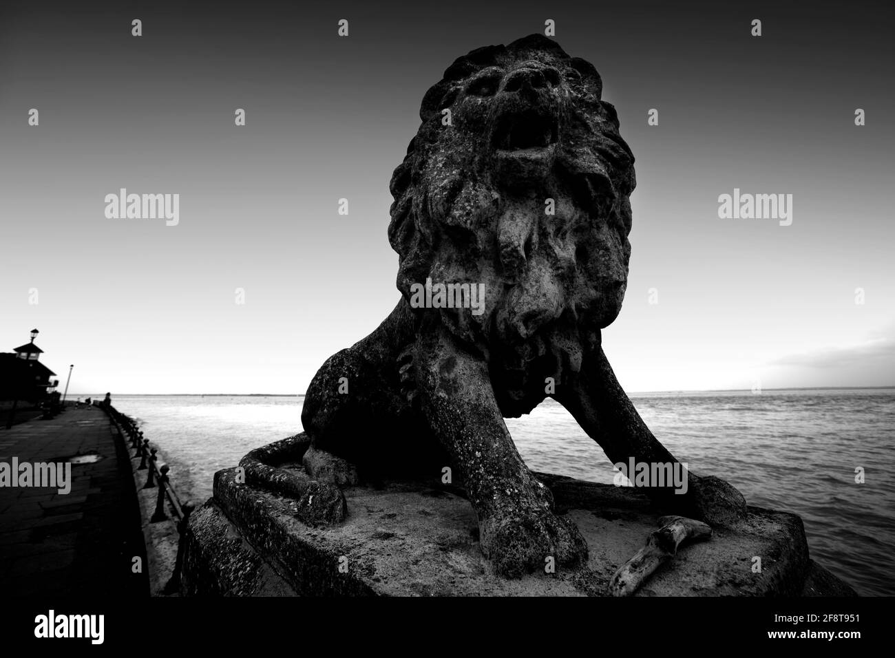 Stein, Löwe, Sockel, Meer, Vorderseite, grassierend, brüllend, Parade, schwarz und weiß, der Soldat, Cowes, Isle of Wight, England, Großbritannien, Stockfoto