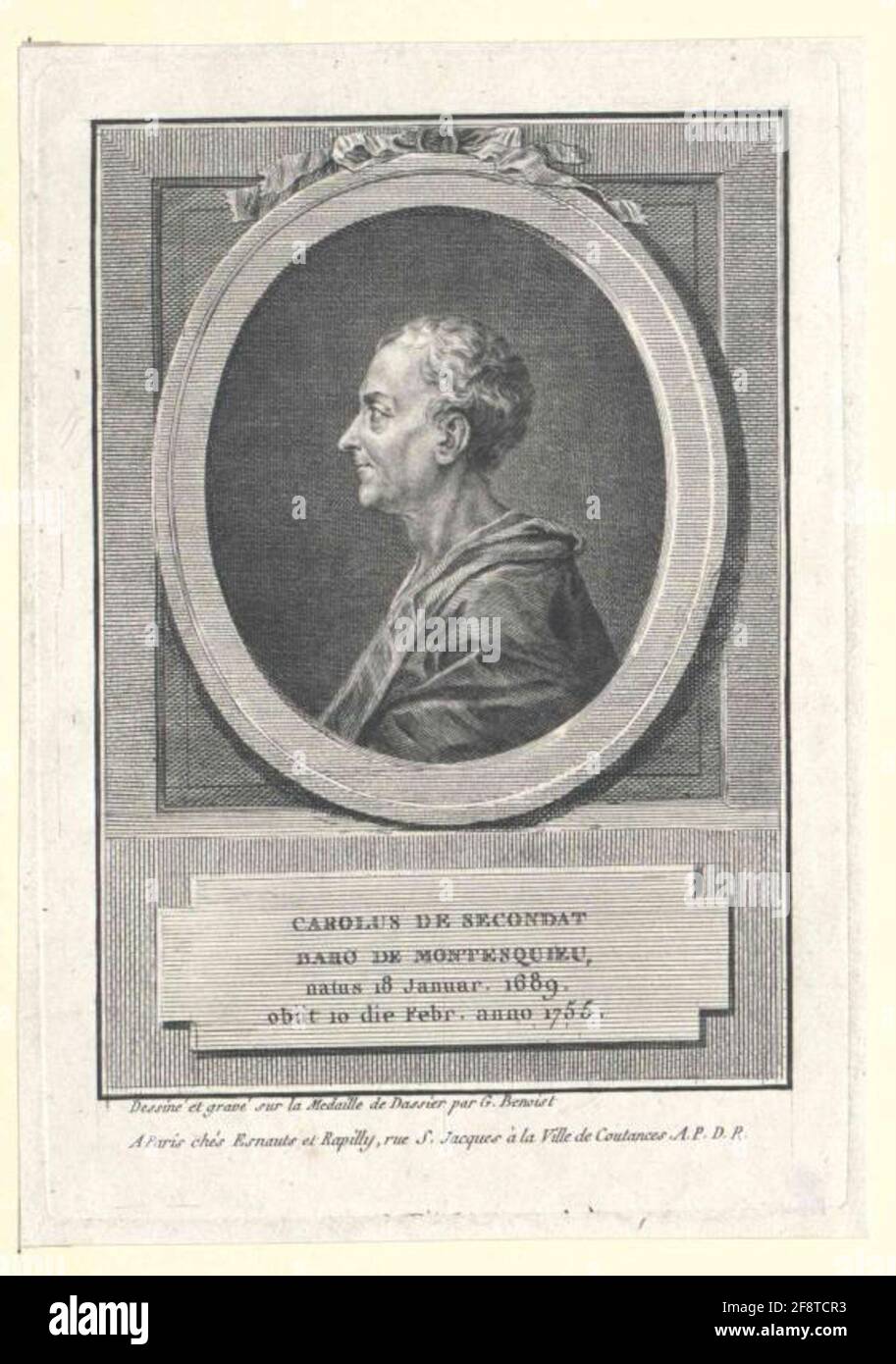 Montesquieu, Charles Baron de la Brede und Maler: Dassier, Jacques Antoinesesecher: Benoist, Guillaume-Philippeverlag: Esnauts und Rapillyverlagsort: Paris Stockfoto