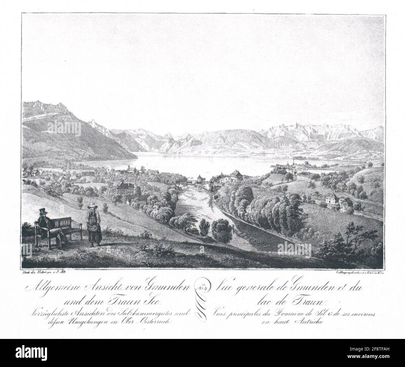 Gesamtansicht von Gmunden und dem Traunsee. Vue Generale de Gmunden et de Lac de Traun. . Stockfoto