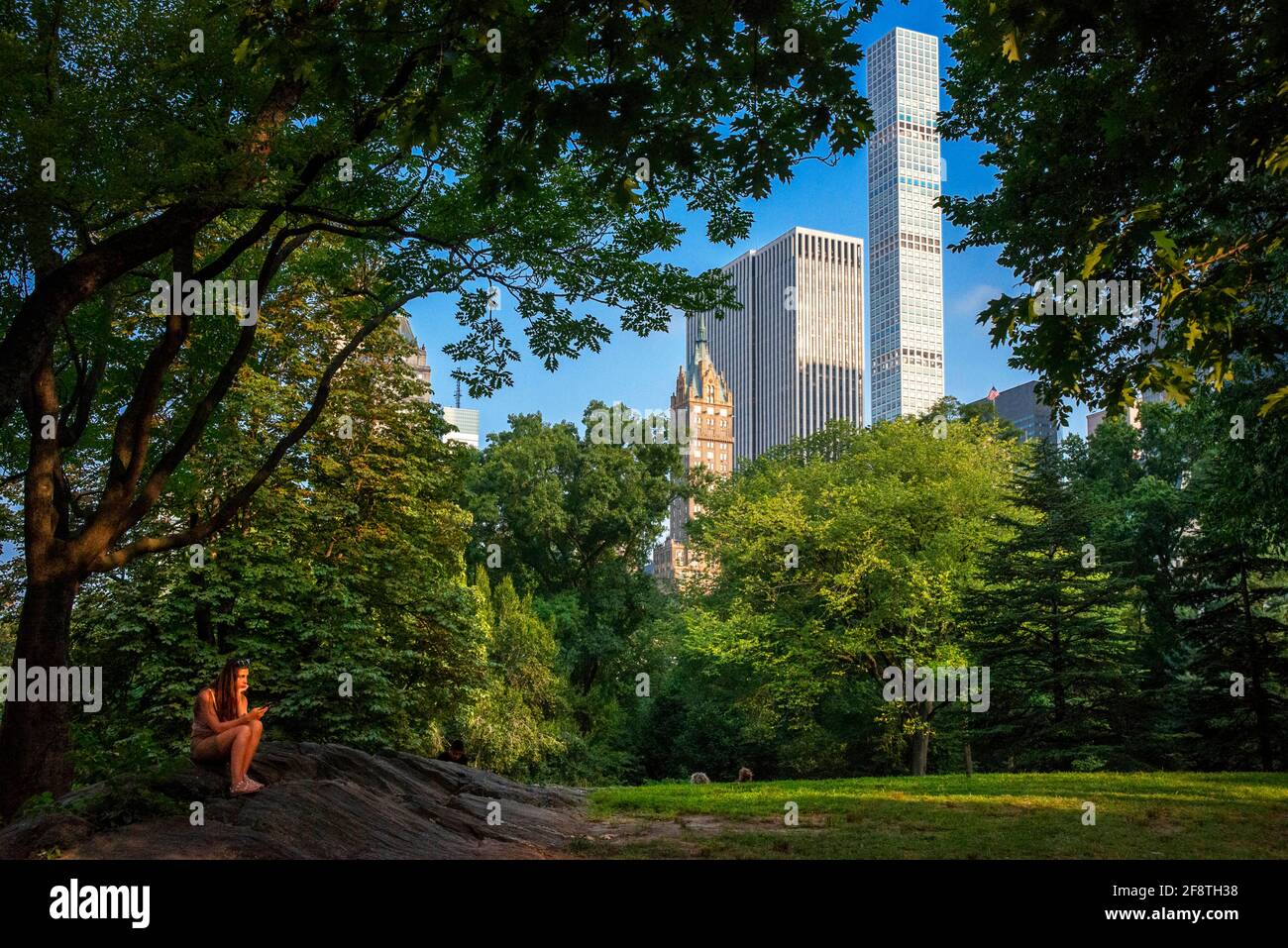 Attraktive Frau, die ihr Mobiltelefon im Central Park, Manhattan, New York, NY, USA, anschielt. Das majestätische Gebäude Superhoch, superdünn, superteuer Stockfoto
