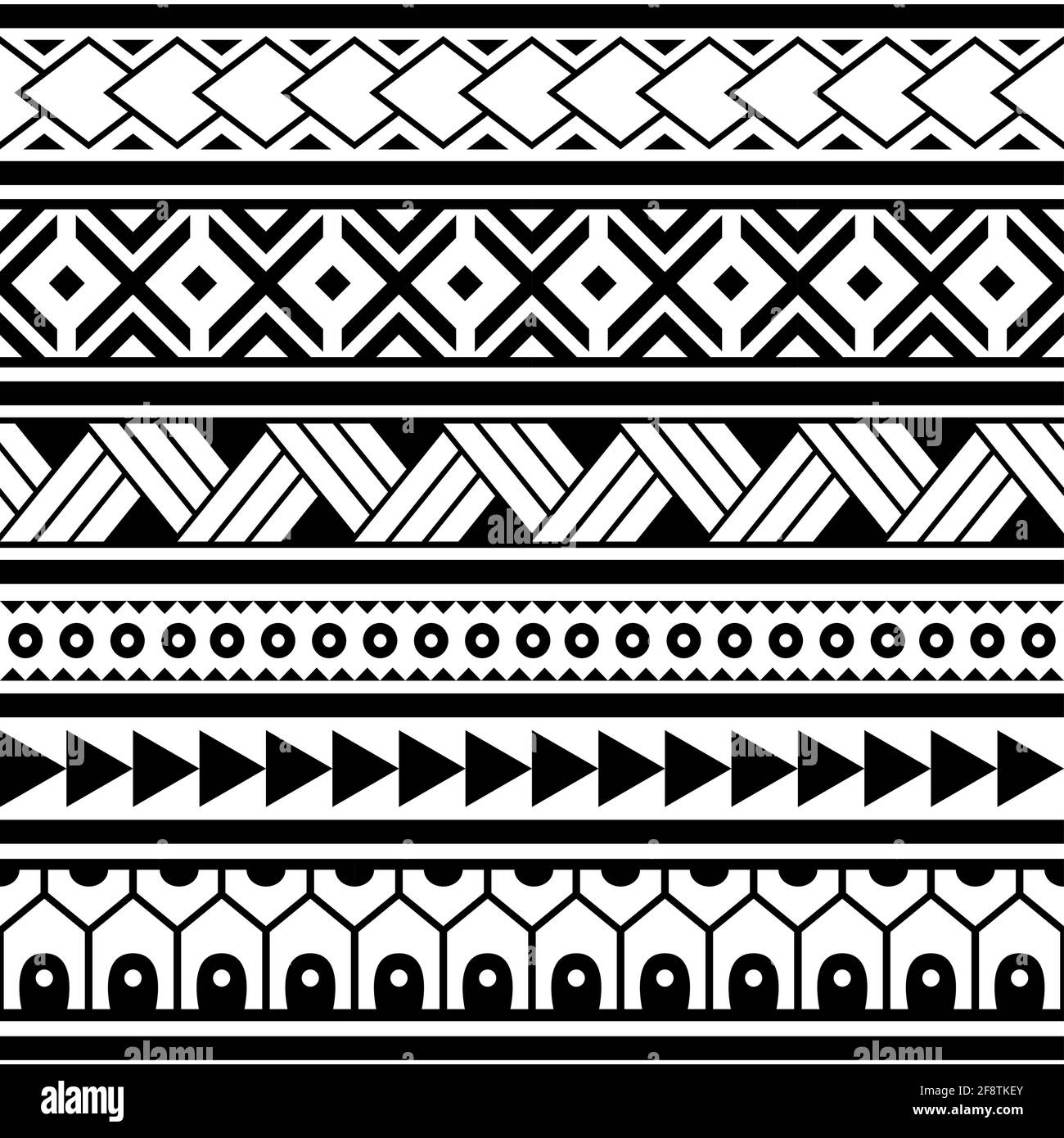 Polynesisches ethnisches Maori-geometrisches nahtloses Vektormuster, cooler hawaiianischer Tribal-Stoffdruck oder Textildesign in Schwarz und Weiß Stock Vektor